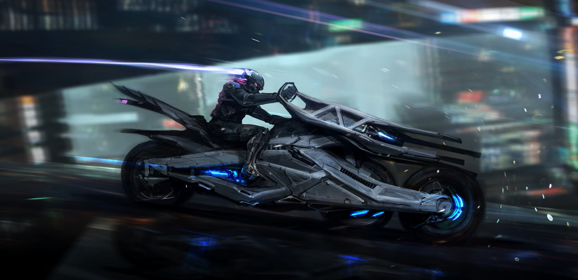 vehicle, digital art, artwork, science fiction, motobike, cyberpunk, racing, Mustafa Lamrani, 1080P, HD Wallpaper