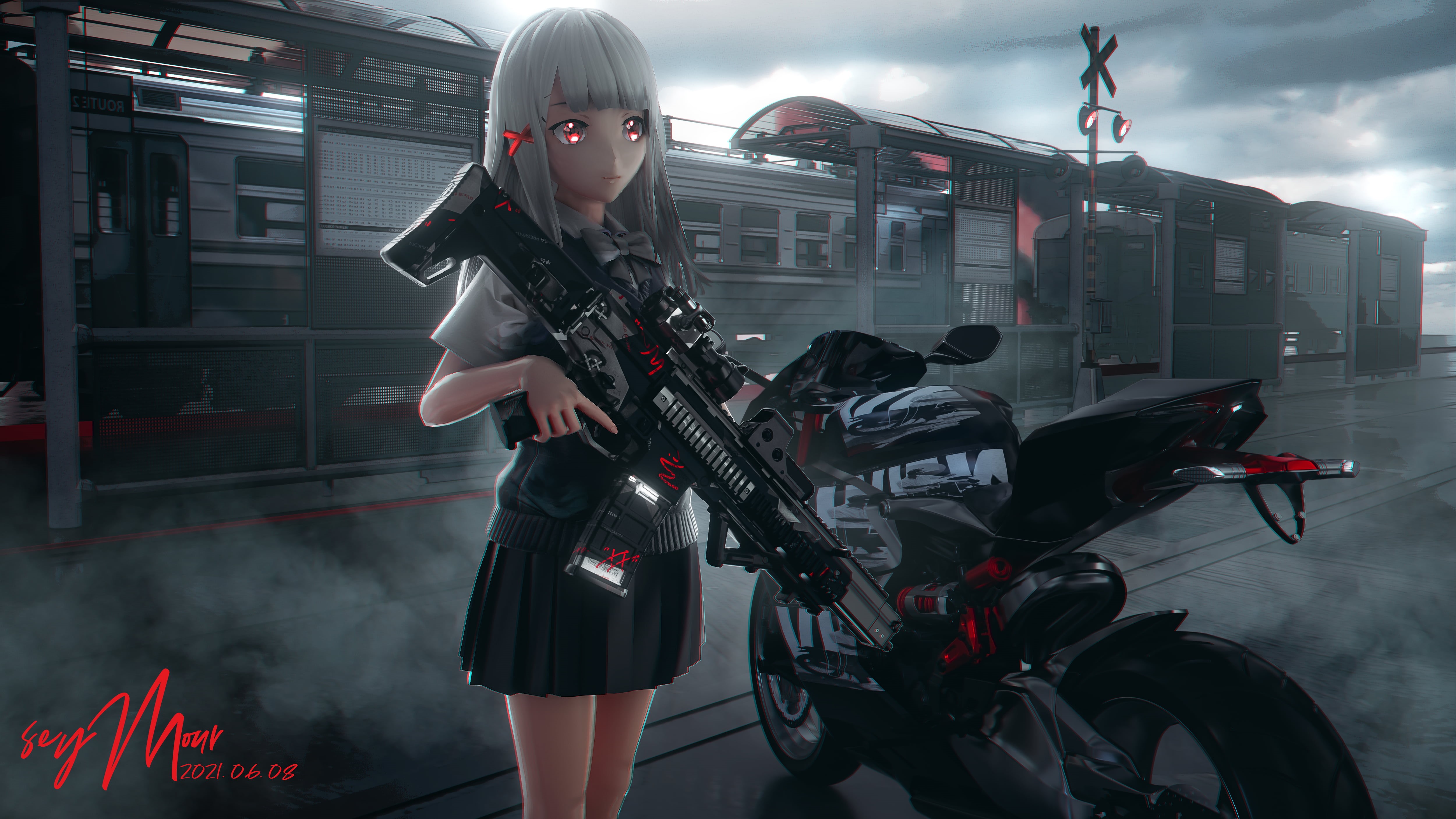 gun, anime girls, 4K, motobike, Seymour, anime, HD Wallpaper