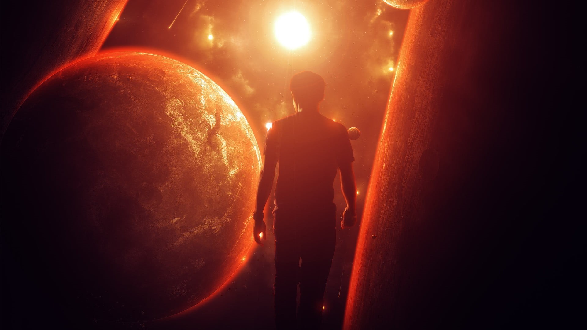 man, 1080P, nightlife, space, planets, night, lights, standing, rear view, illuminated, sphere, real people, men, light - natural phenomenon, space art, HD Wallpaper