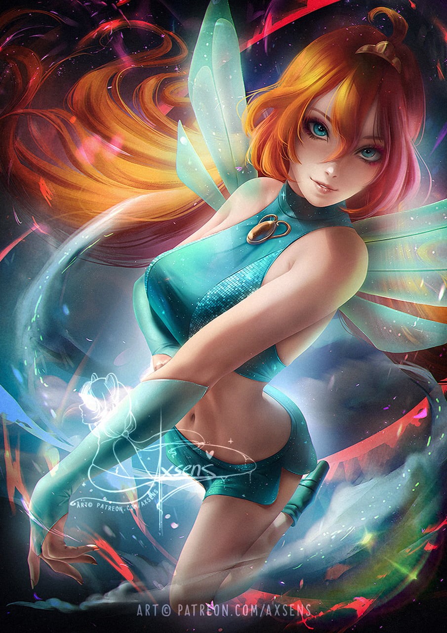 high angle, women, fairies, blue clothing, 720P, drawing, magic, wings, fantasy art, axsens, redhead, Winx Club, Phone HD Wallpaper