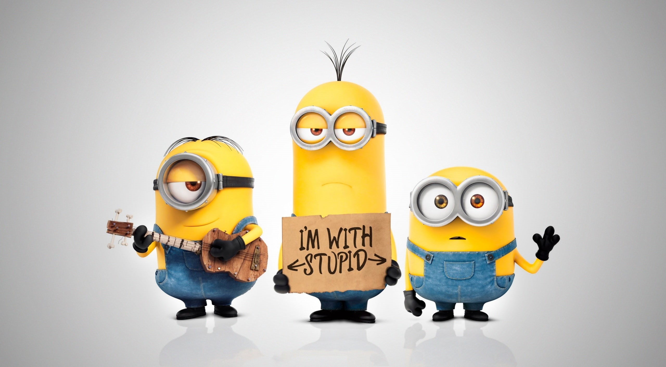 white background, front view, indoors, illustration, multi colored, studio shot, Funny, cut out, 2K, comedy, human representation, minions, yellow, text, HD Wallpaper