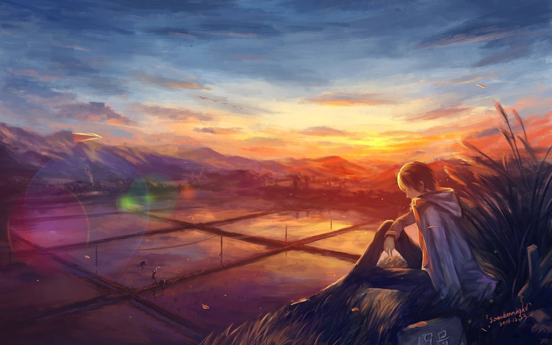 rice paddy, looking at view, landscape, standing, sunlight, lifestyles, scenics - nature, rear view, outdoors, sitting, anime, field, artwork, leisure activity, HD Wallpaper