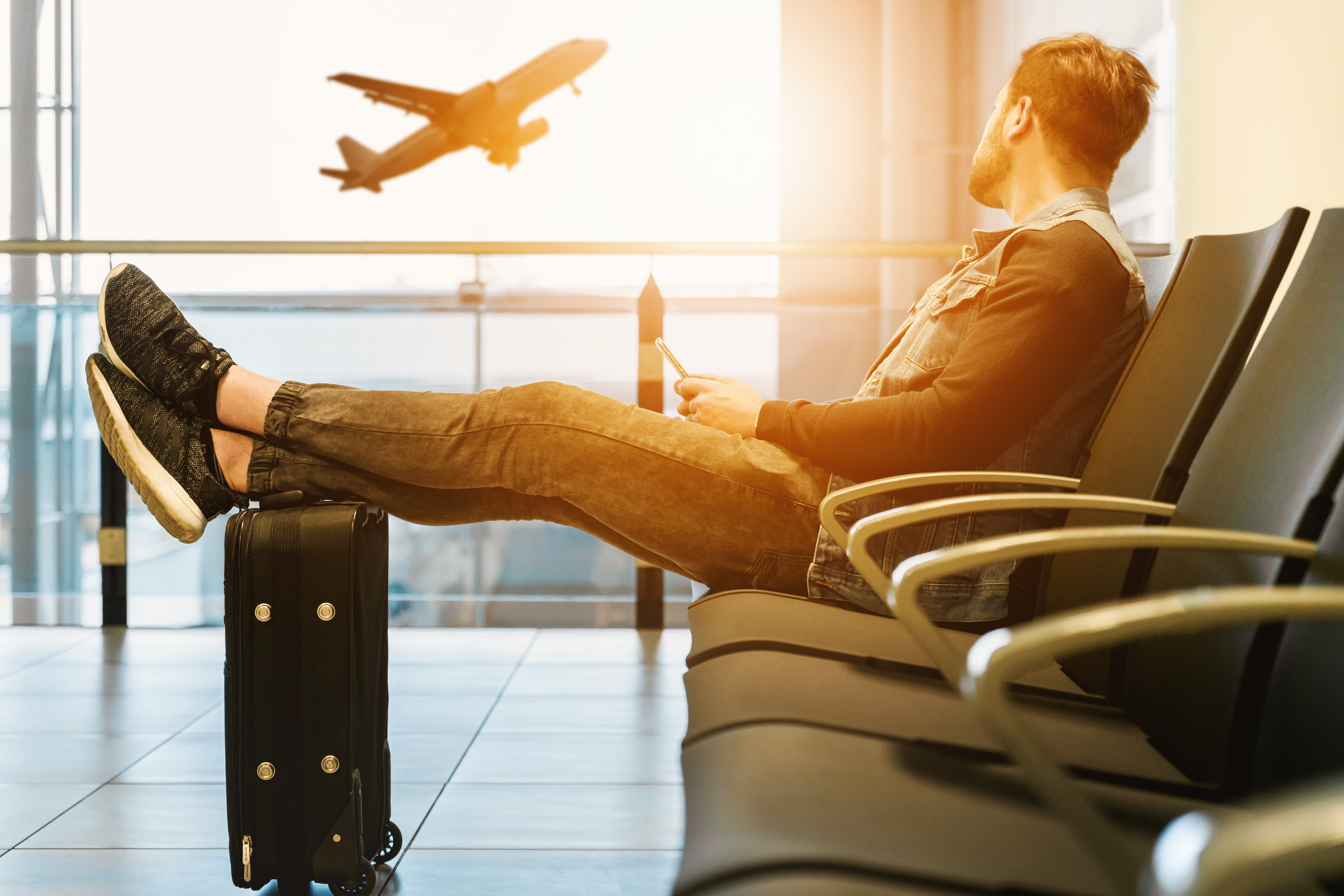 adult, back lit, sunset, chair, business person, young adult, looking, airplane, boy, relaxation, air, window, indoors, waiting, holiday, aircraft, 5K, HD Wallpaper