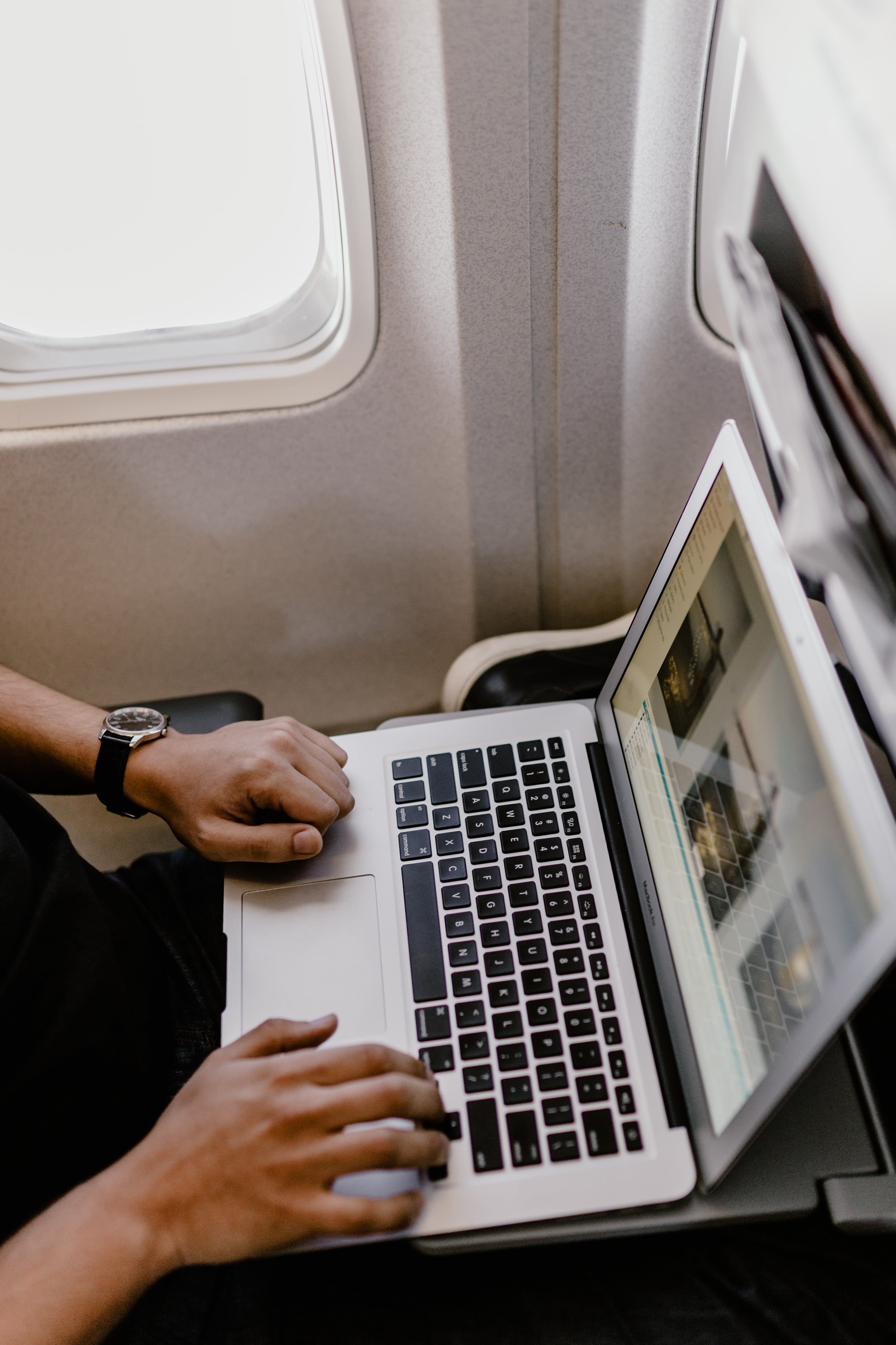 staircase, entrepreneur, work, sitting, macbook, passenger, man, journey, 4K, human hand, hand, airplane, using laptop, one person, real people, travel, Phone HD Wallpaper
