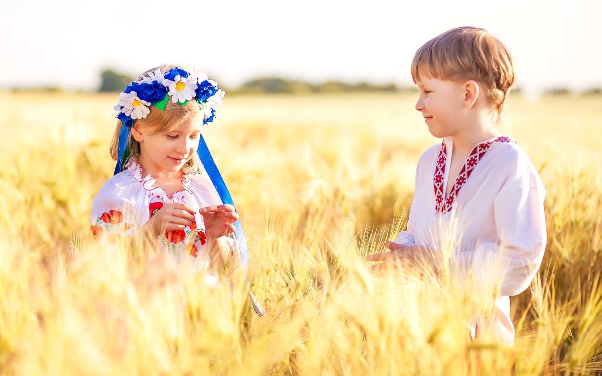 long, Wheat, sleeve, s, 1080P, white, flower, Girl, Ukraine, shirt, headdress, blue, neck, v, Field, Boy, Children, HD Wallpaper