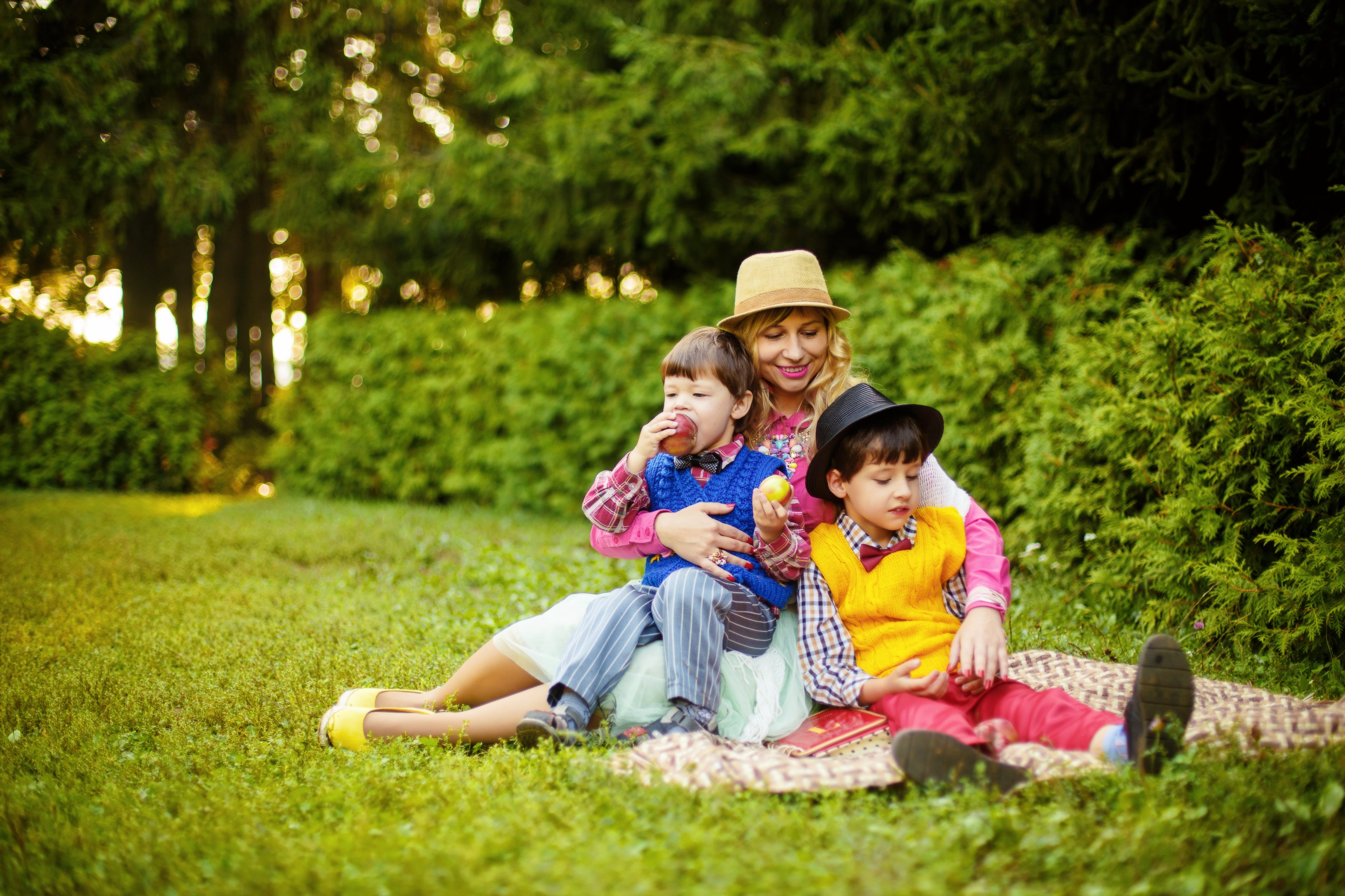 childhood, hugging, outdoors, picnic, happiness, emotion, two, forest, females, mom and sons, trees, photoshoot, woman, group of people, style, boy, plant, HD Wallpaper