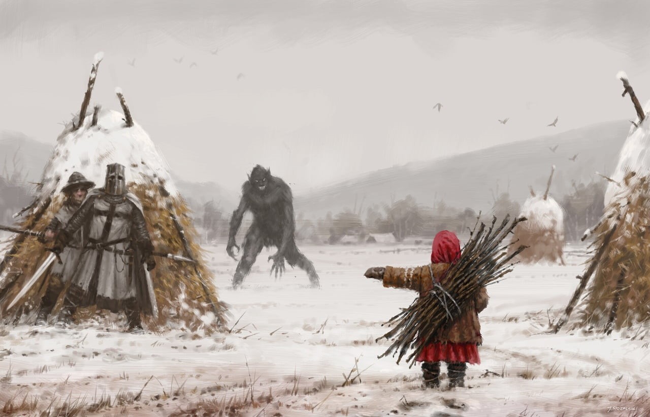 spear, Jakub Różalski, creature, knight, winter, Little Red Hood, trees, mist, crusaders, snow, Werewolf, 720P, creepy, sword, forest, armor, field, HD Wallpaper