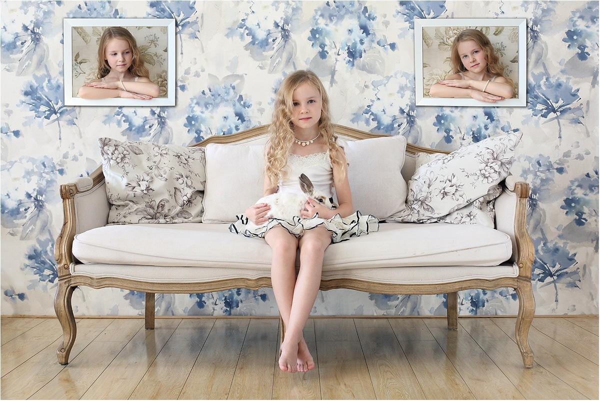 flooring, furniture, long hair, bench, beautiful woman, floral pattern, children, blond hair, couch, sofa, little girl, dress, adult, home interior, women, HD Wallpaper