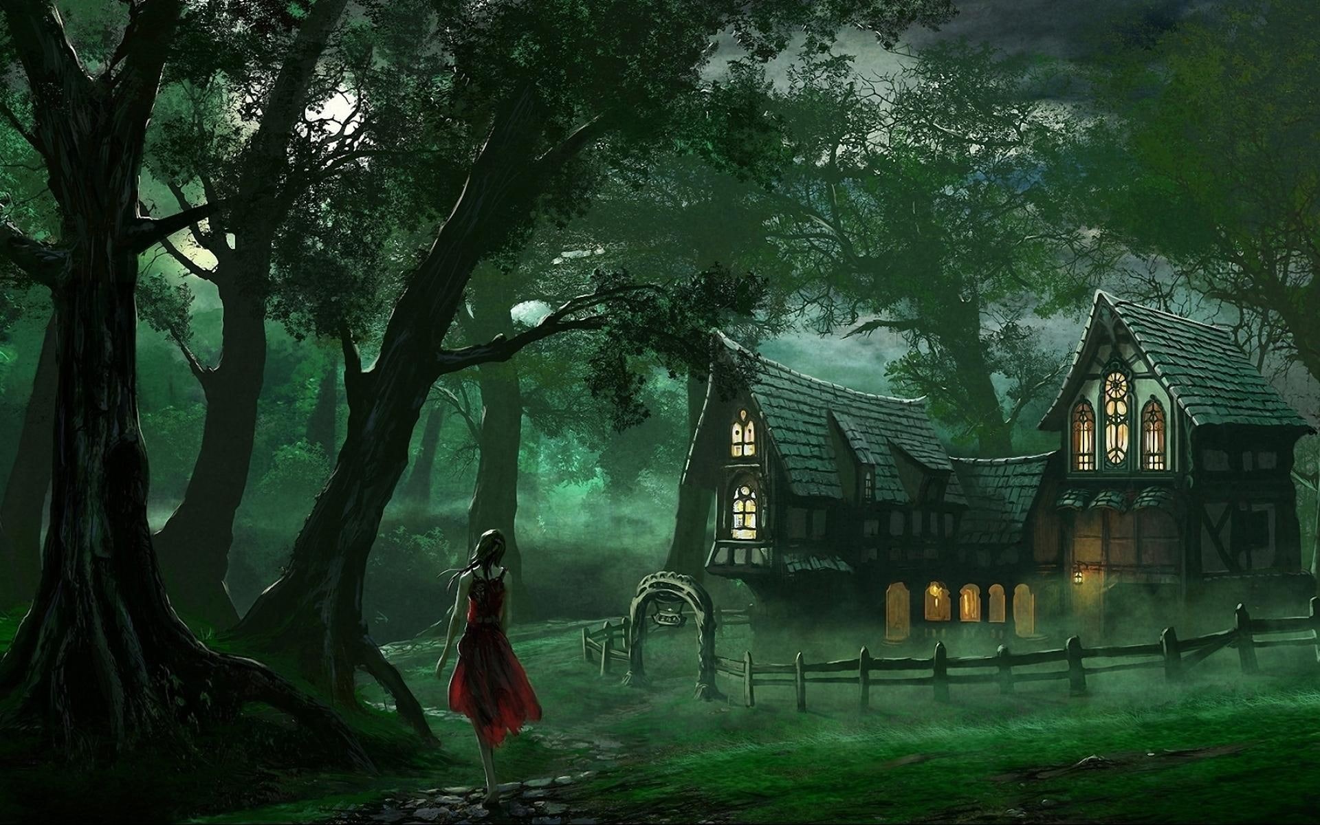 tale, painting, 1080P, near, 3d and abstract, fairy tale, walking, woman, red, dress, girl, house, fantasy, fairy, night, HD Wallpaper
