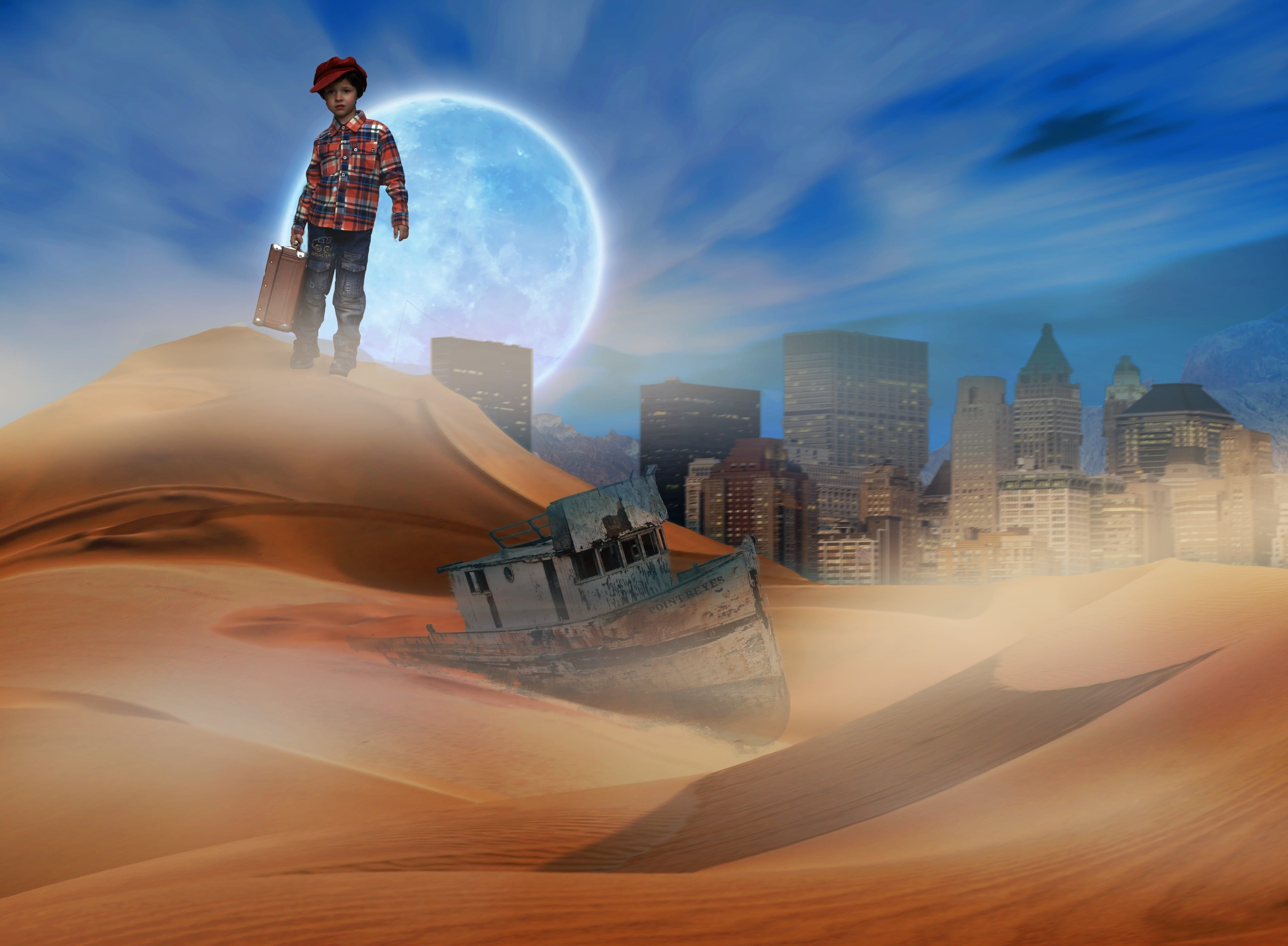 city, built structure, one person, landscape, building exterior, little prince, building, cloud - sky, dawn, real people, fantasy, cityscape, desert, architecture, HD Wallpaper