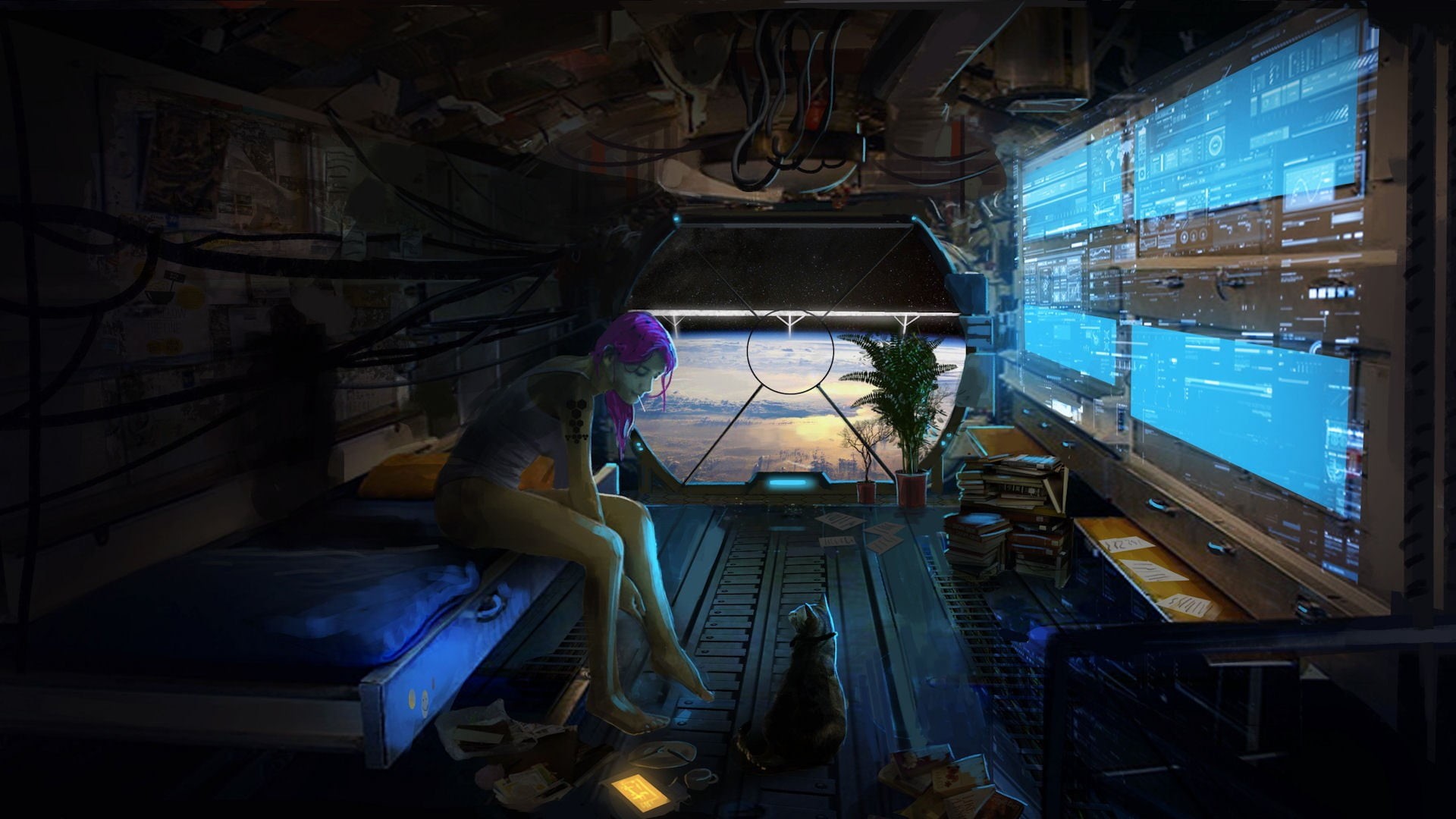 digital composite, purple hair, technology, one person, industry, interior, plants, public transportation, game, cat, window, machinery, bed, abandoned, HD Wallpaper