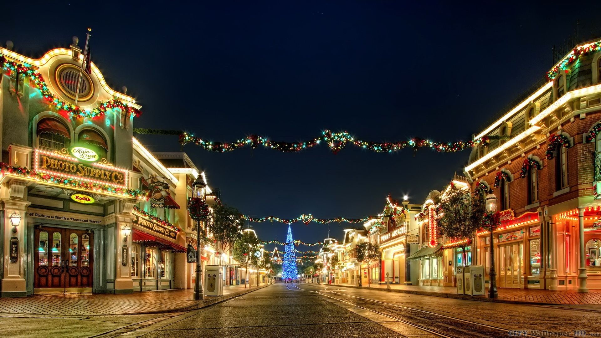 luces, navidad, adornada, 1080P, ciudad, HD Wallpaper
