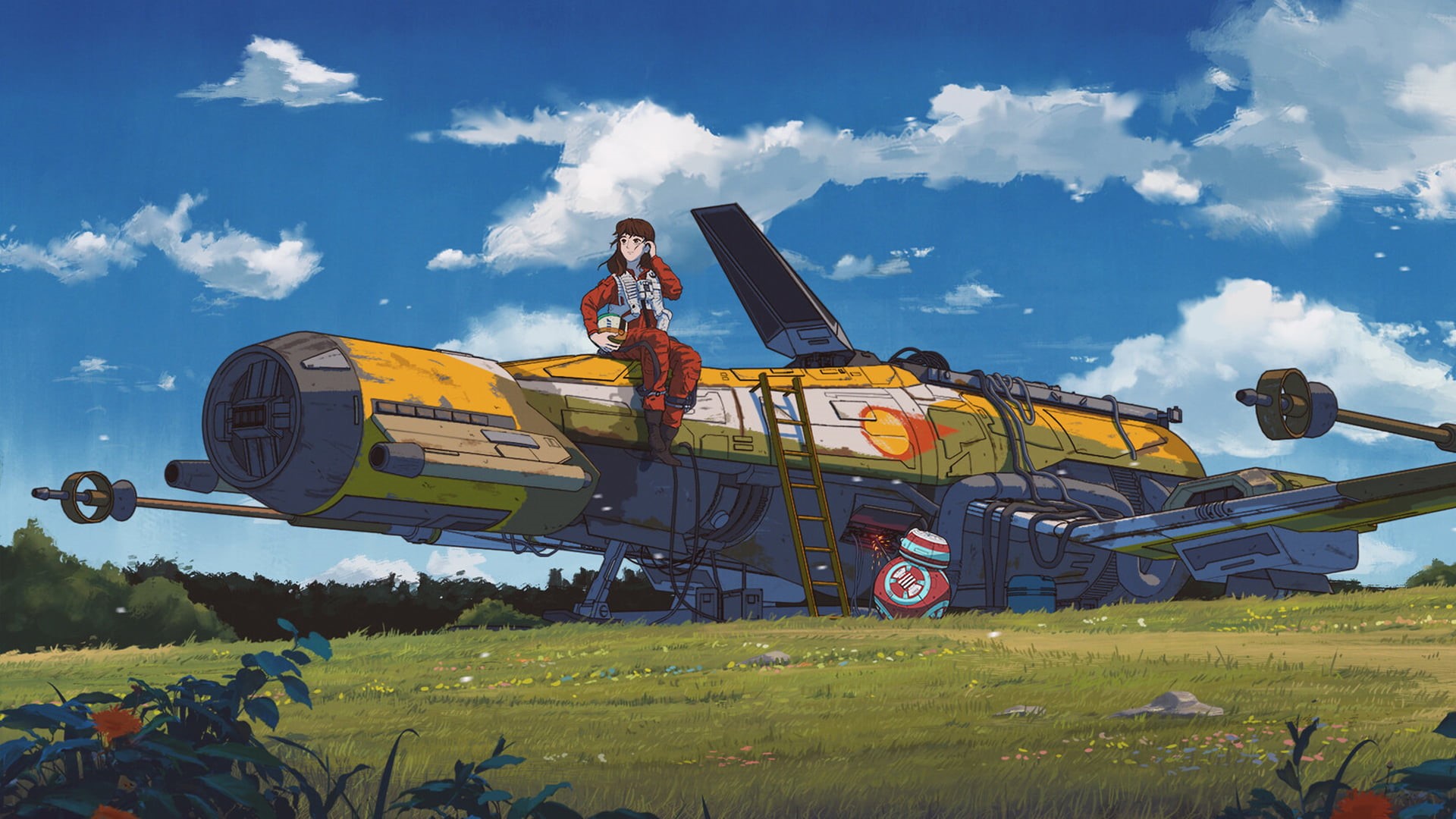 clouds, digital art, Star Wars, BB-8, artwork, Star Wars Droids, grass, anime, spaceship, 1080P, HD Wallpaper