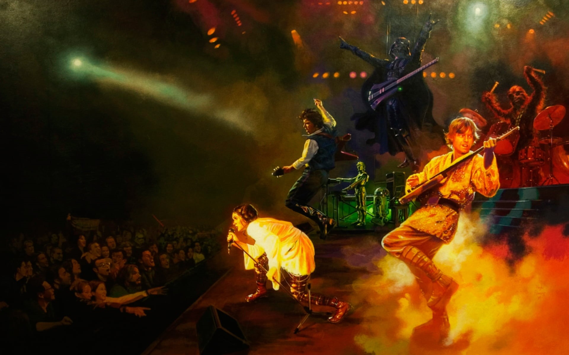 fire - Natural Phenomenon, large group of people, people, outdoors, c-3po, heat - Temperature, burning, star wars, dark, stage, arts culture and entertainment, HD Wallpaper