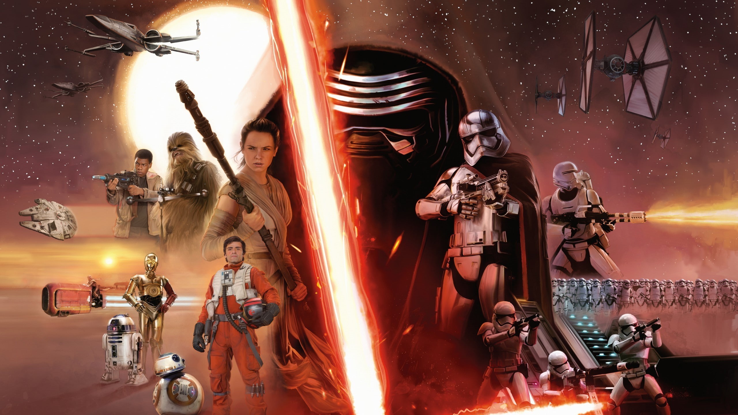 Luke Skywalker, Captain Phasma, X-wing, 2K, TIE Fighter, Chewbacca, lightsaber, Star Wars, R2-D2, stormtrooper, BB-8, Jedi, C-3PO, Han Solo, Sith, Kylo Ren, HD Wallpaper