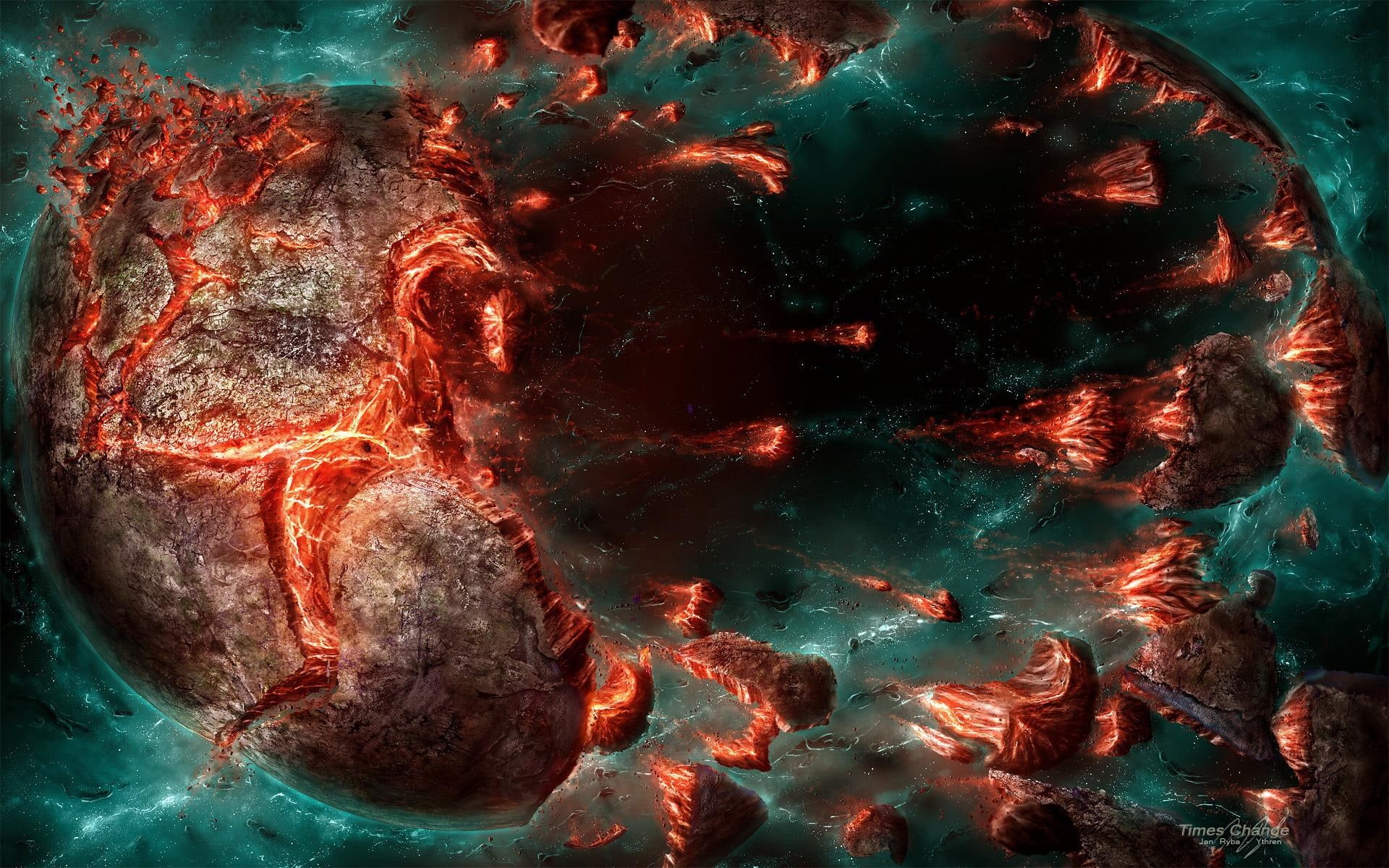 world, explosive, asteroid, red, scifi, illustration, space, brown, 3d and abstract, abstract, colorful, fantasy, 1080P, HD Wallpaper