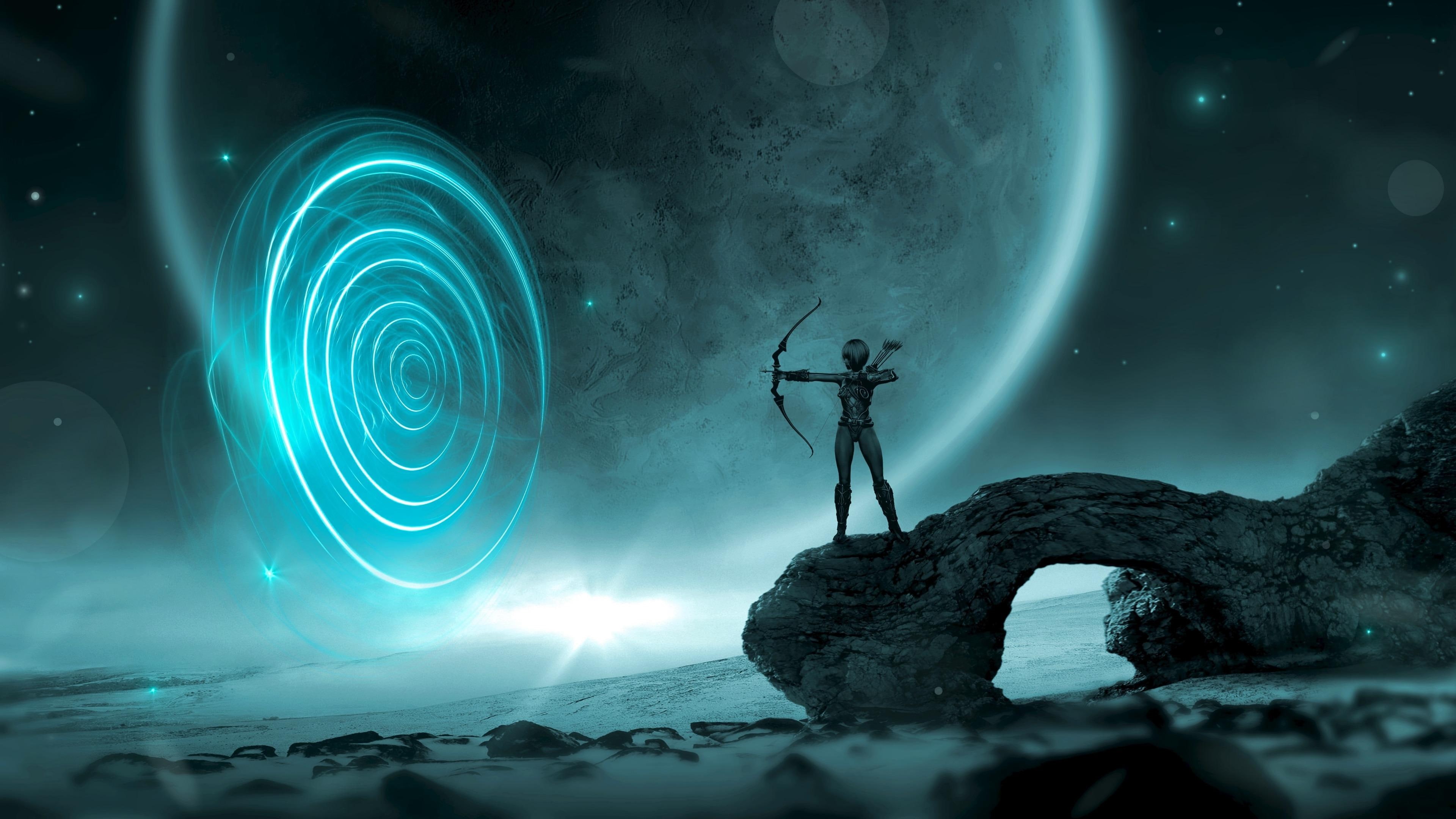 woman, alien planet, time travel, 4K, warrior woman, scifi, arch, woman warrior, warrior, fantasy, rock, future, arrow, space art, archer, planet, science fiction, HD Wallpaper