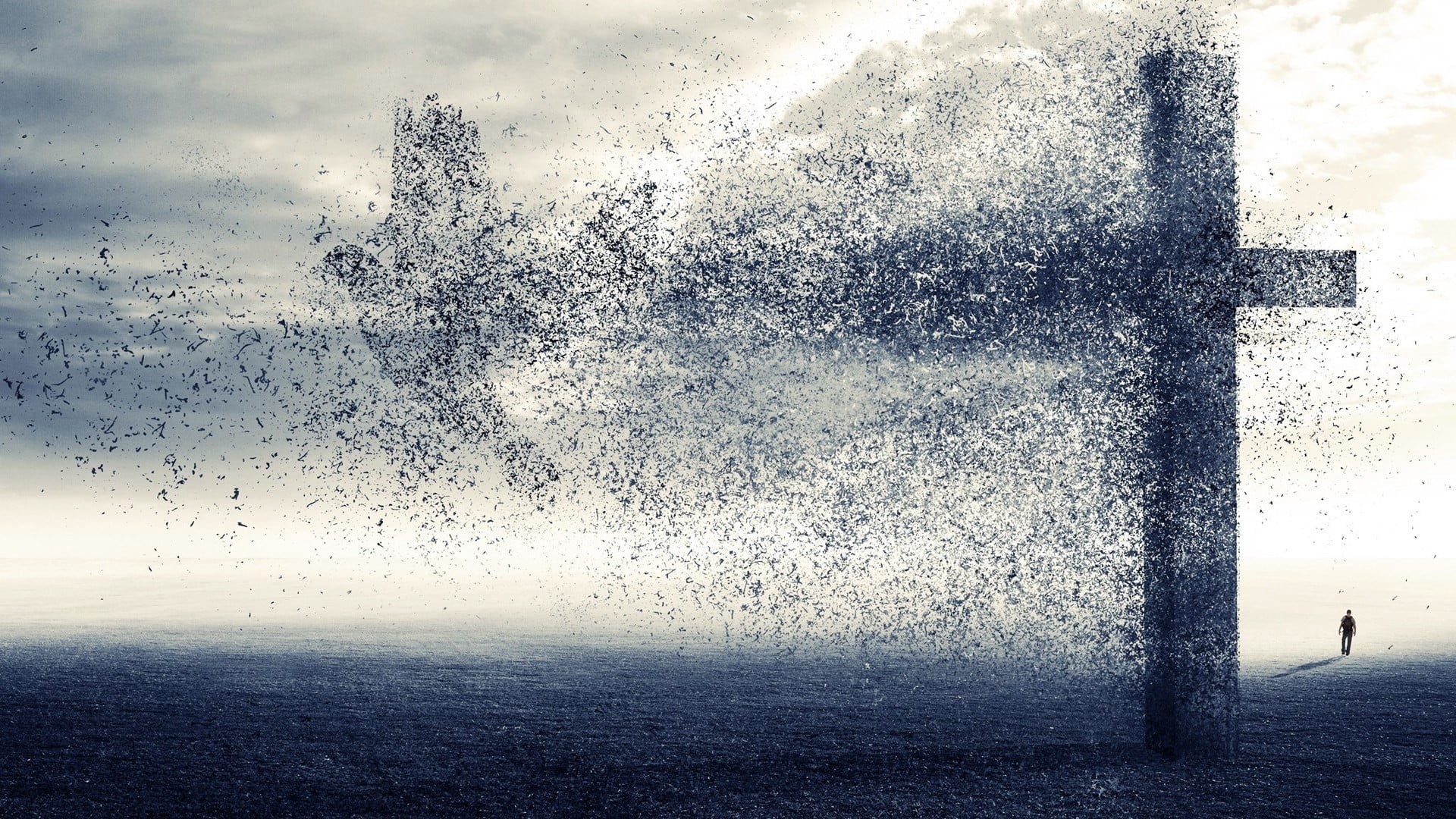 wall - building feature, Christianity, backgrounds, textured, outdoors, black, cloud - sky, nature, men, digital composite, wet, motion, flock of birds, HD Wallpaper