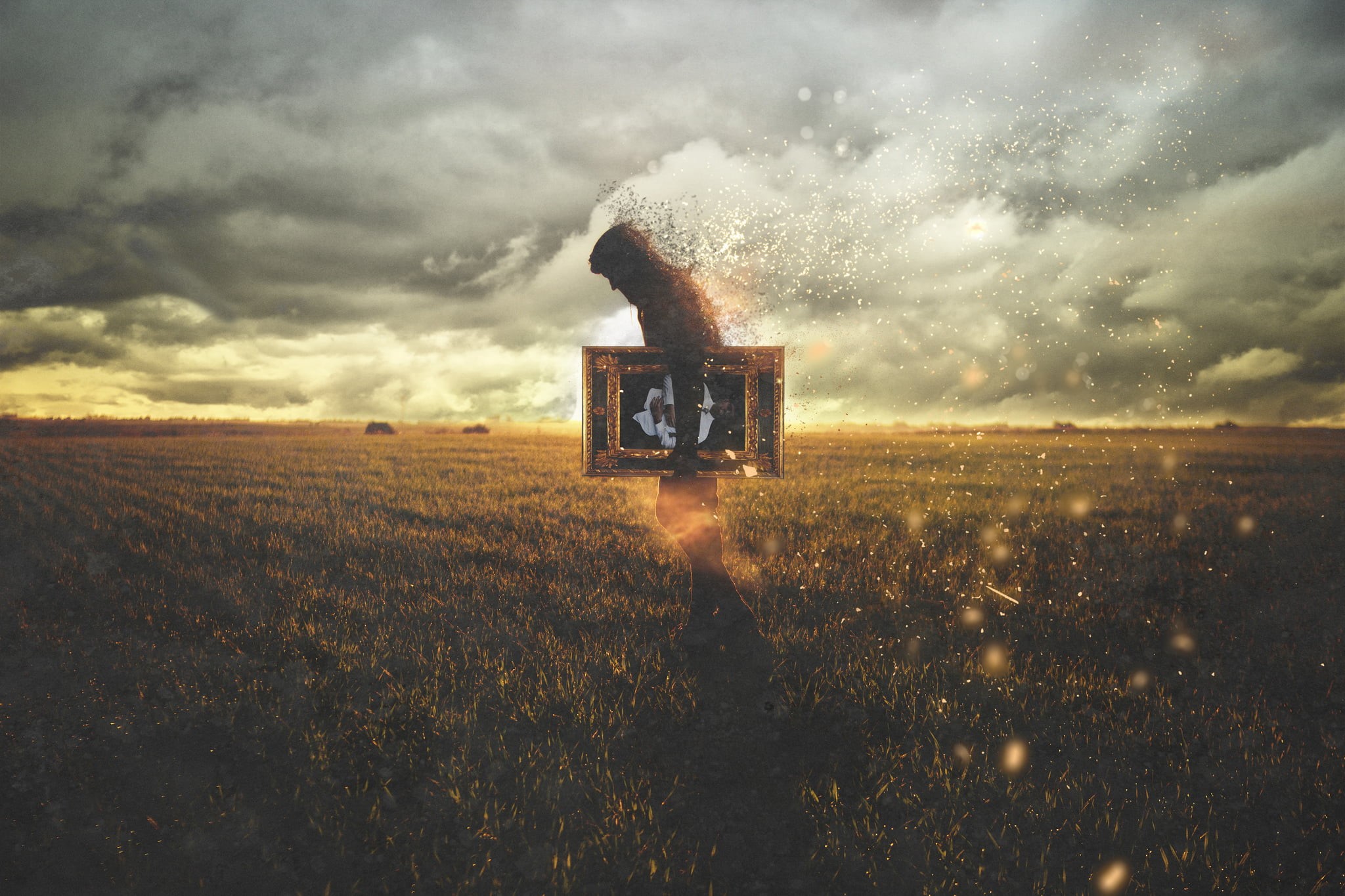 horizon over land, sky, land, horizon, environment, no people, frame, fading, outdoors, agriculture, holding, grass, sunset, cloud - sky, 1080P, man, field, HD Wallpaper