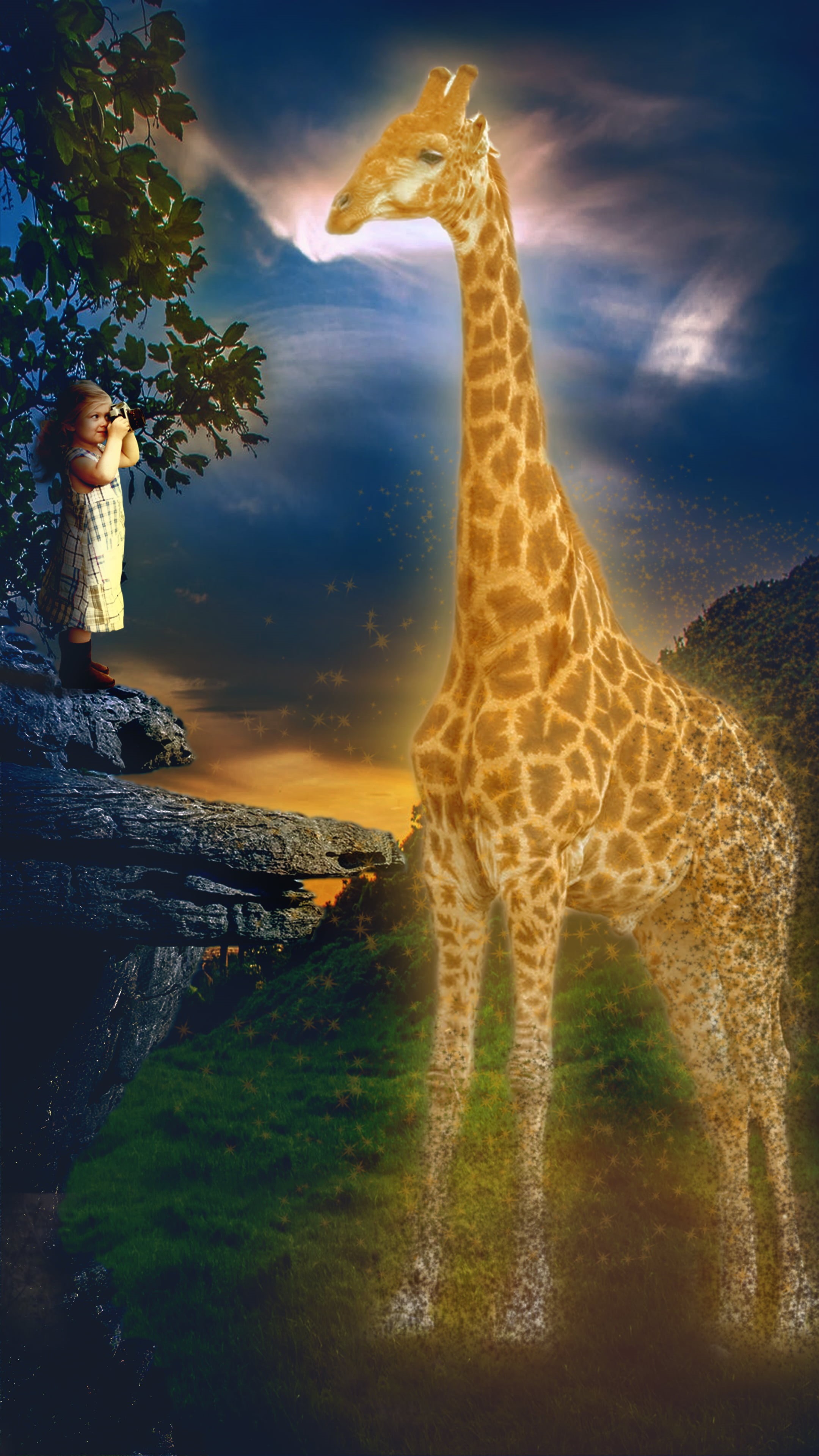 night, dust, fantasy art, disintegration effect, thanos snap effect, 4k portrait, 4K, Photoshop, photo manipulation, dreamy, giraffes, Phone HD Wallpaper