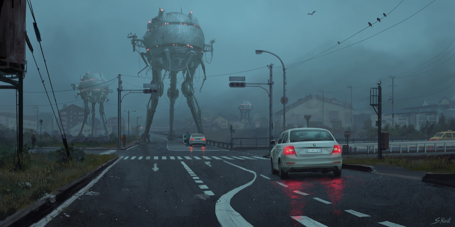 artwork, science fiction, Stefan Koidl, illustration, robot, car, city, apocalyptic, tripod, 1080P, HD Wallpaper