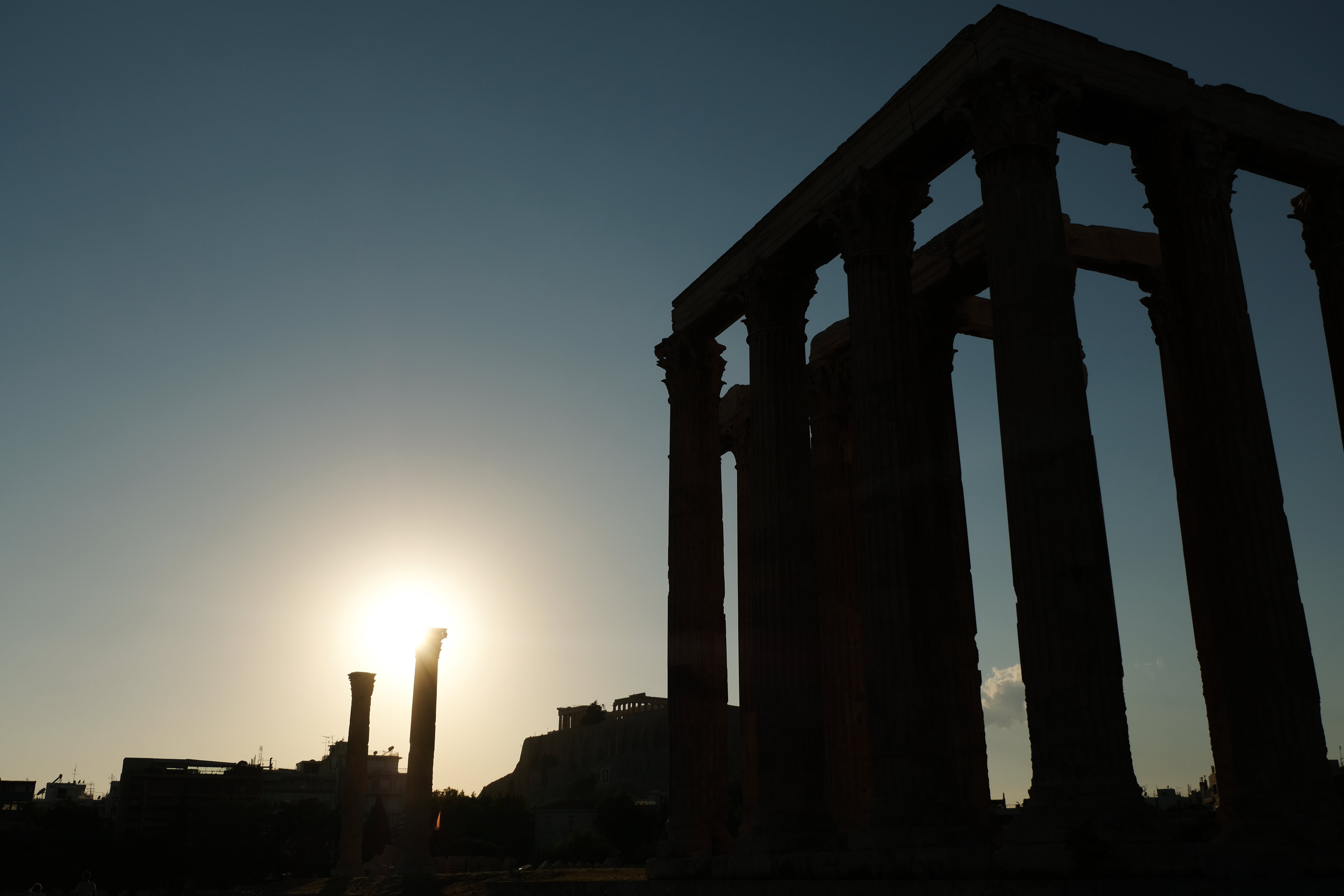 outdoors, low angle view, tourism, clear sky, Greece, ruined, place of worship, architecture, 5K, no people, sunlight, mythology, built structure, sunset, HD Wallpaper