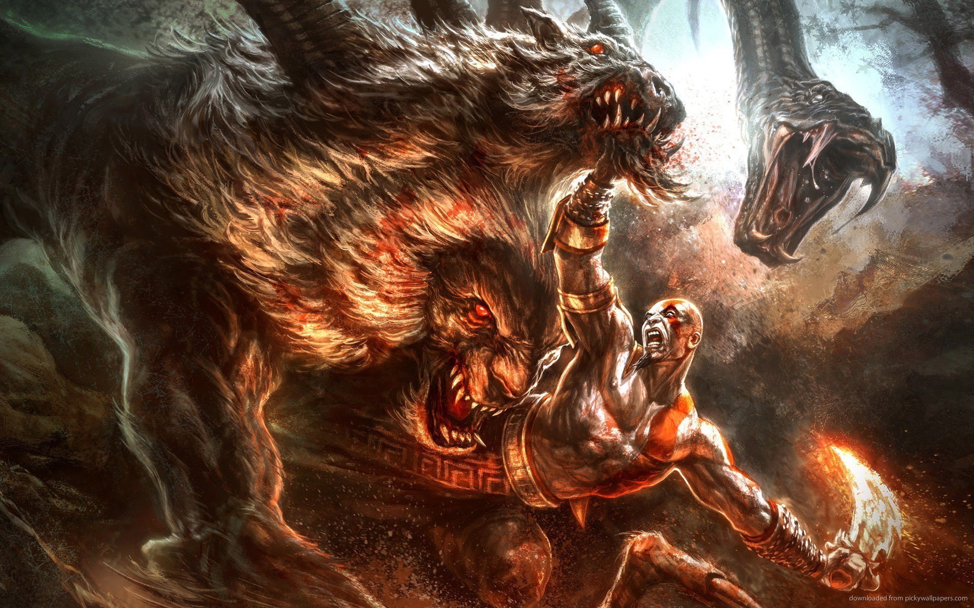 snake, Chimera, digital art, Zeus, fantasy art, angry, ancient, artwork, 1080P, lion, sword, HD Wallpaper