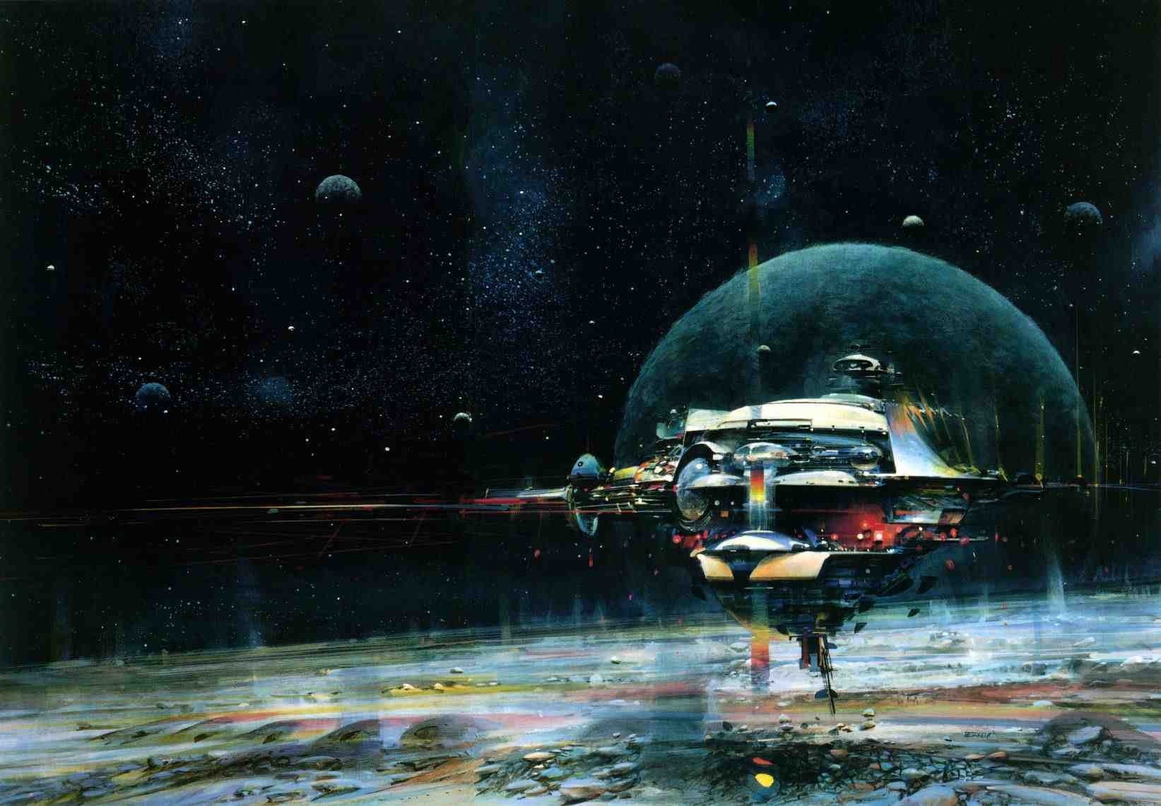 planet, science fiction, transportation, gray, 720P, real people, John Berkey, illuminated, people, spacecraft, spaceship, architecture, night, HD Wallpaper