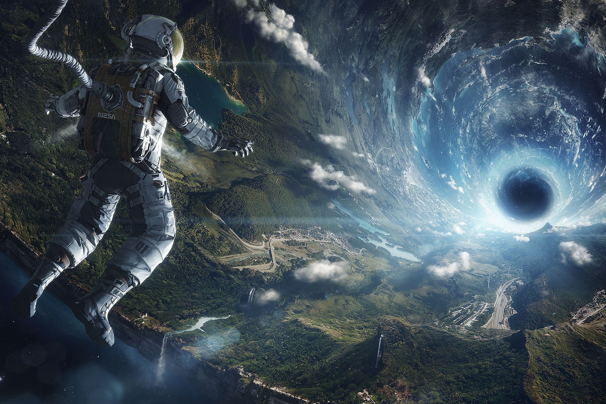 1080P, photography  space art  artificial gravity  astronaut  Earth  space  futuristic  digital art  Oneill cylinder  tunnel  landscape  aerial view  wormholes, HD Wallpaper