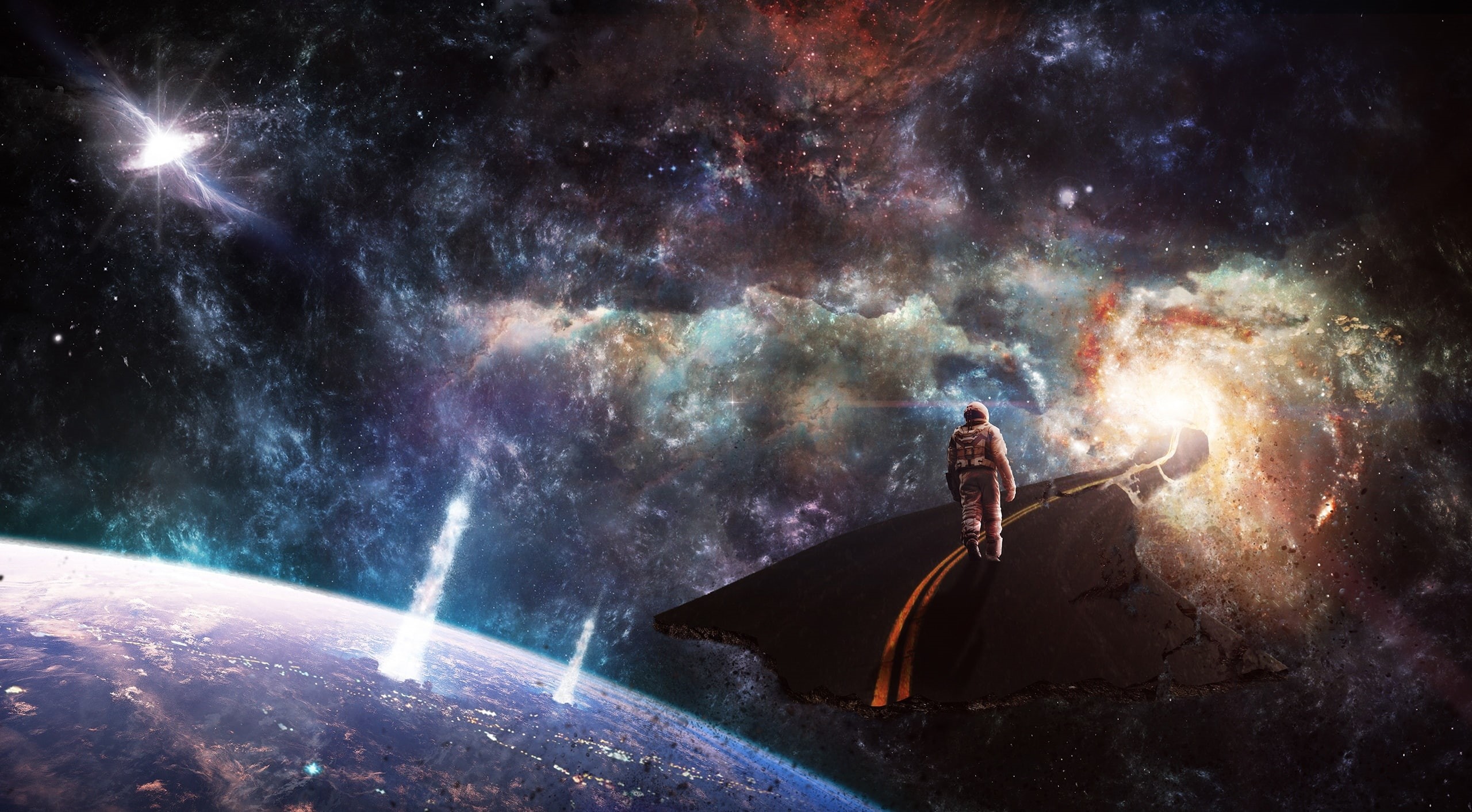 Space, explosion, sky, night, scenics - nature, digital composite, nebula, water, light - natural phenomenon, road, sea, illuminated, travel, wormhole, HD Wallpaper