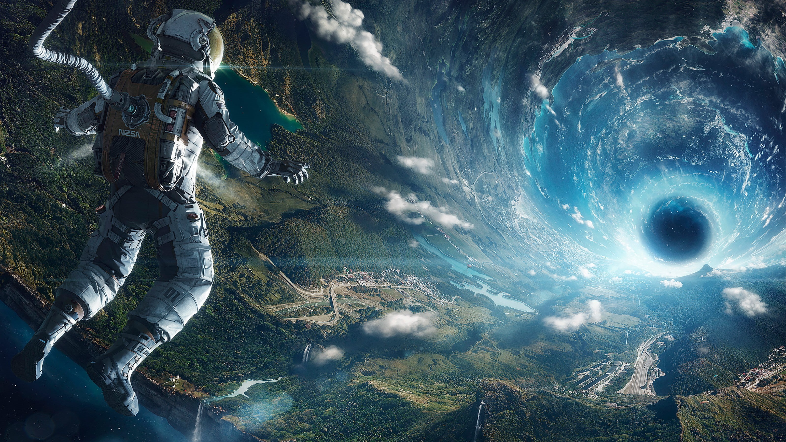 nature, landscape, wormholes, stars, lake, clouds, futuristic, artificial gravity, tunnel, astronaut, digital art, 2K, forest, HD Wallpaper