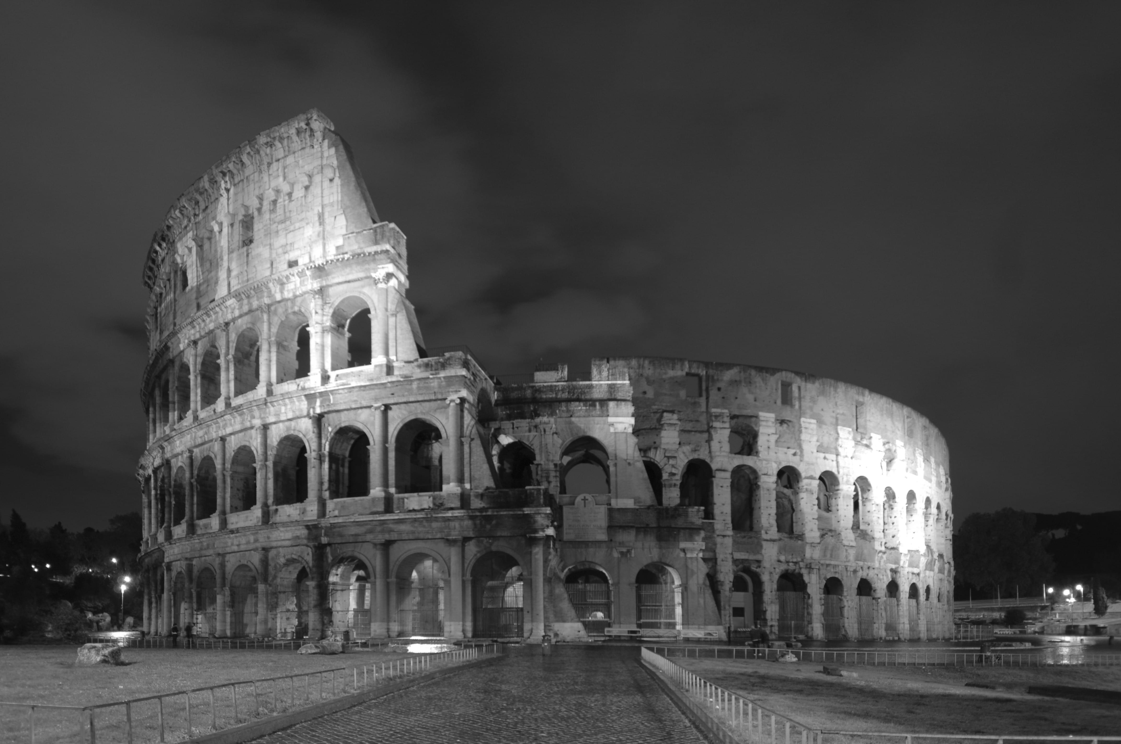 built structure, amphitheater, traffic, construction, outdoors, travel, arena, european, black and white, heritage, rome night, arched, archeology, landmark, HD Wallpaper