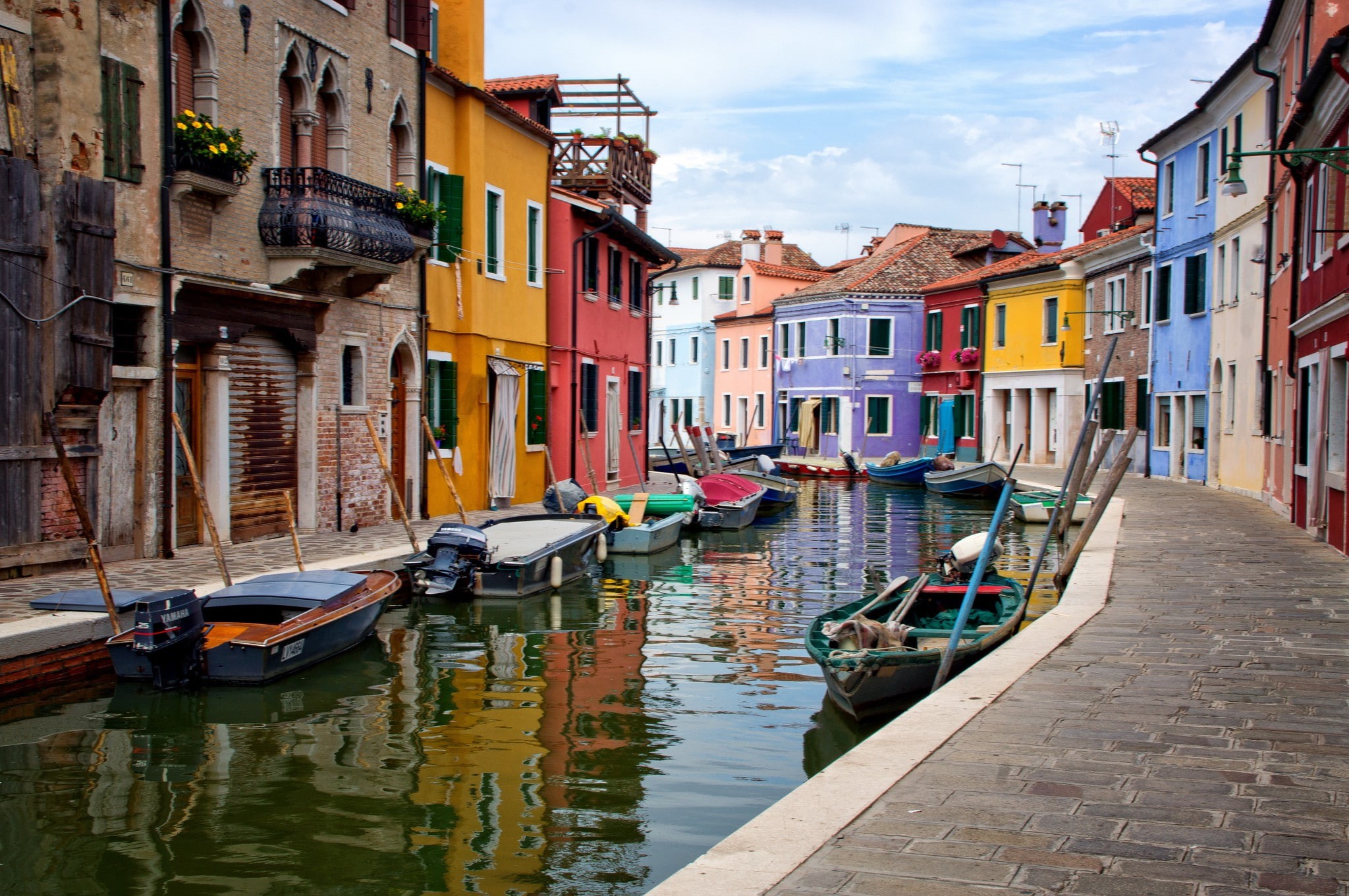 sky, 1080P, Italy, house, canal boats, Burano island, Venice, HD Wallpaper