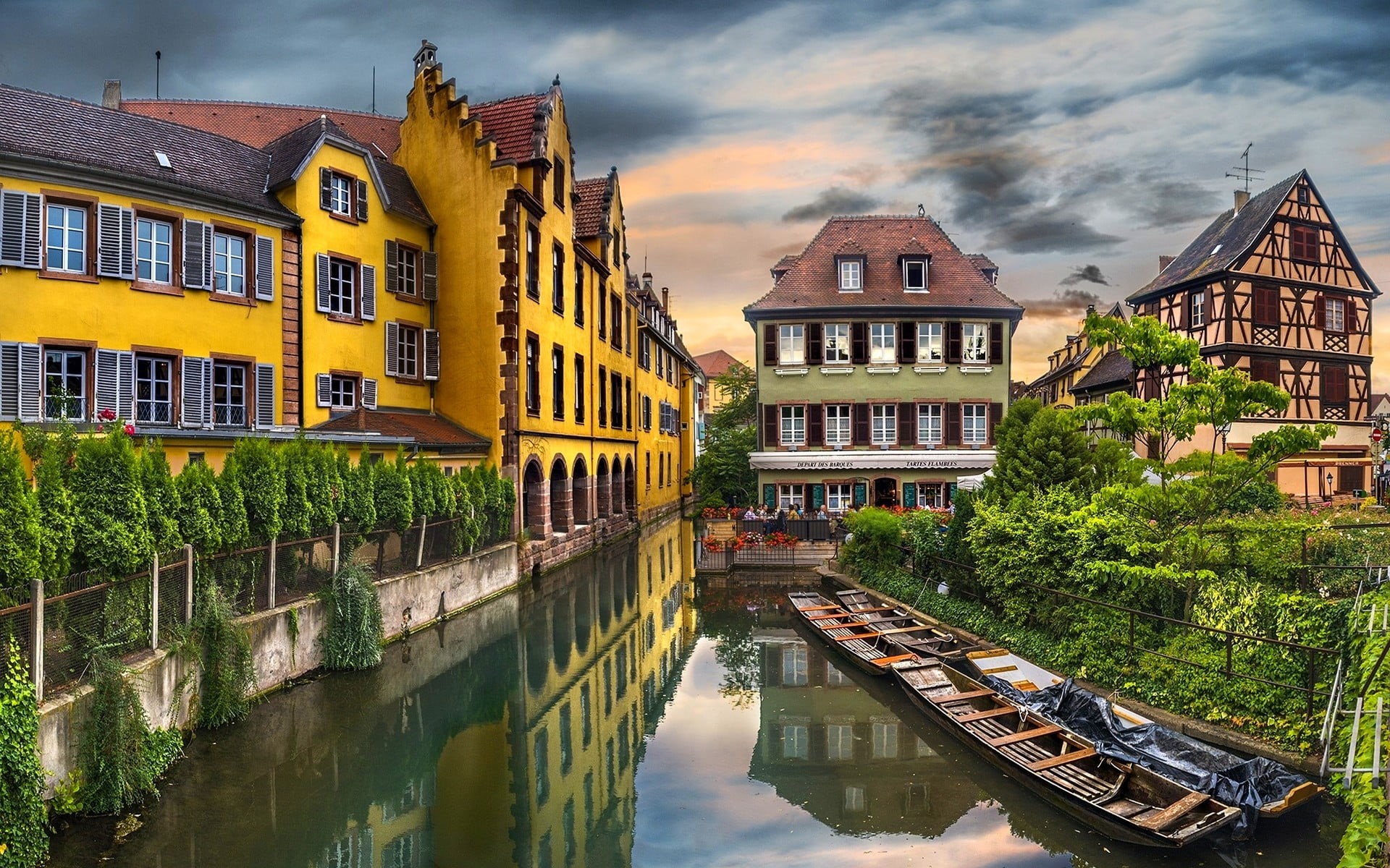 residential district, Colmar, old building, building exterior, nature, cloud - sky, France, 1080P, reflection, water, city, travel destinations, trees, HD Wallpaper