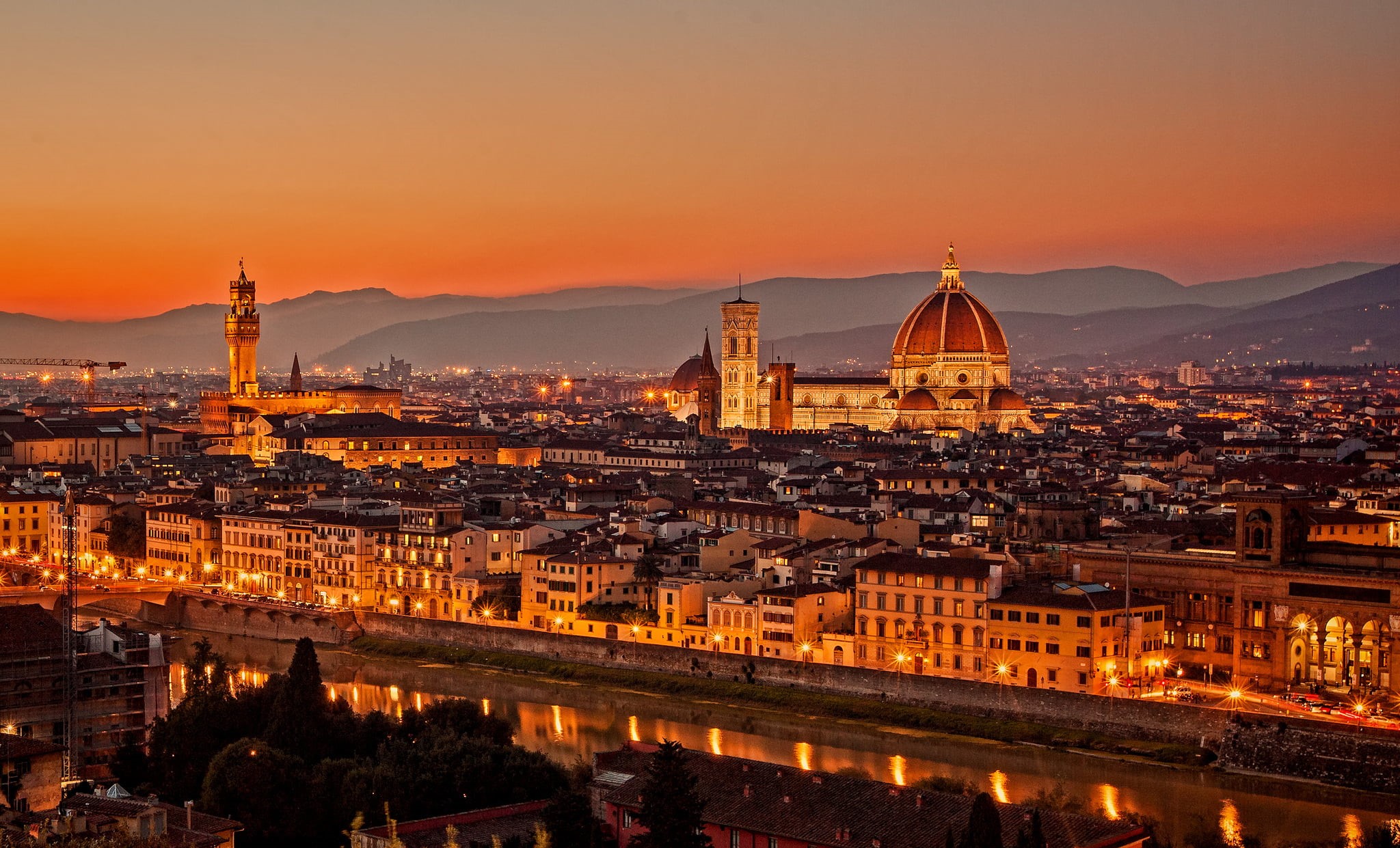 Tuscany, beige, the evening, 1080P, religion, cityscape, architecture, lights, sky, nature, place of worship, tourism, giotto Di Bondone, building, ponte Vecchio, HD Wallpaper