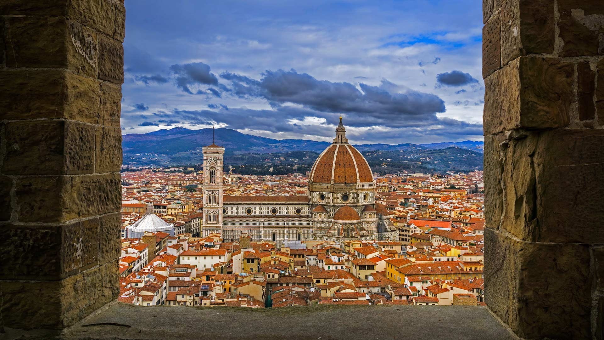 travel, spirituality, brown, architecture, built structure, bricks, old building, hills, Santa Maria del Fiore, dome, no people, clouds, building exterior, HD Wallpaper