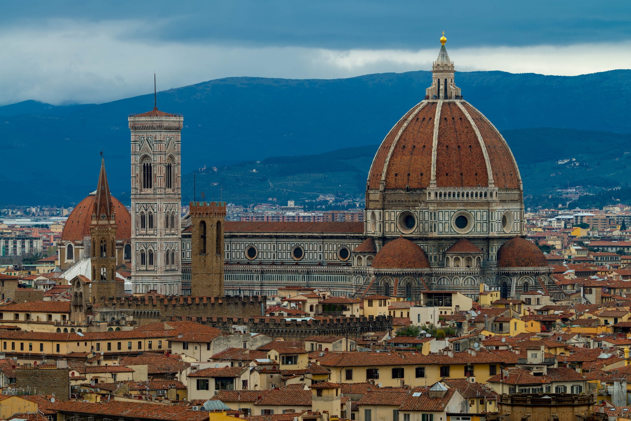 panorama, the dome, cathedral, 1080P, Florence, the Cathedral of Santa Maria del Fiore, home, Italy, brown, grey, Giottos bell tower, mountains, HD Wallpaper