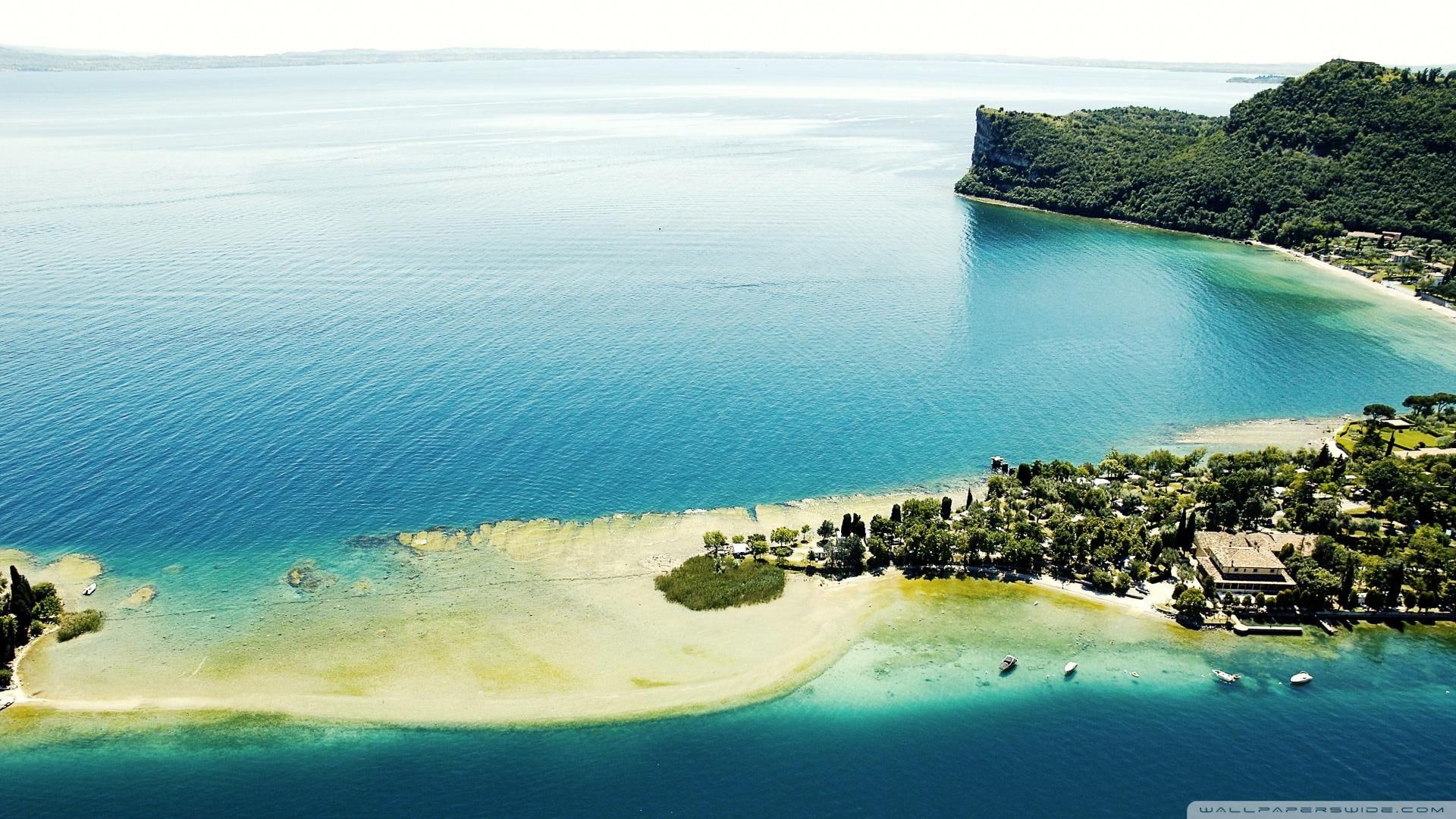beach, nature and landscapes, 1080P, lake, italy, coast, trees, garda, village, HD Wallpaper