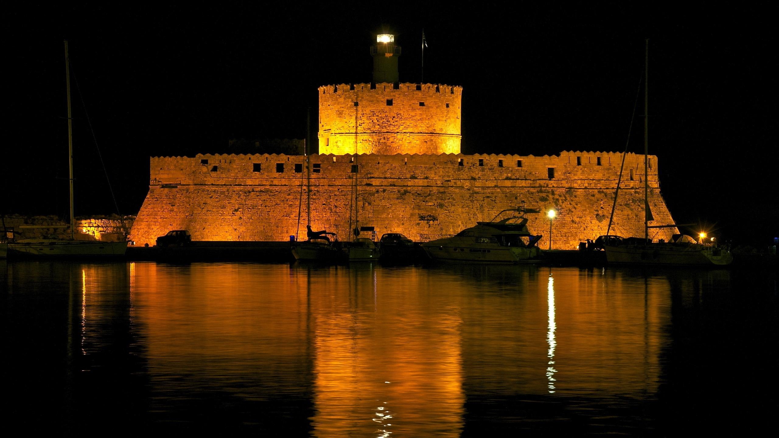 fort, 2560x1440, world, body, europe, greece, photo, nicholas, fort of saint nicholas, 2K, water, saint, rhodes, HD Wallpaper