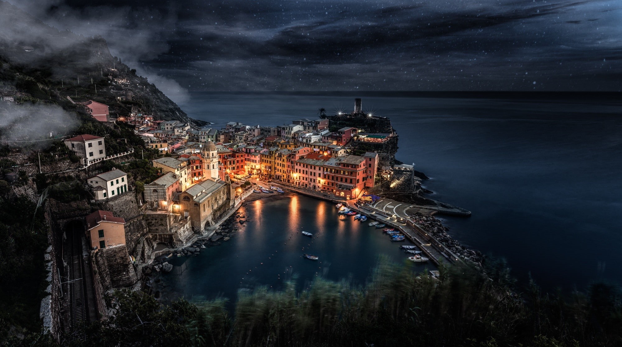 city, sea, building, cityscape, dock, boat, night, terre, cinque, 1080P, italy, cinque terre, HD Wallpaper