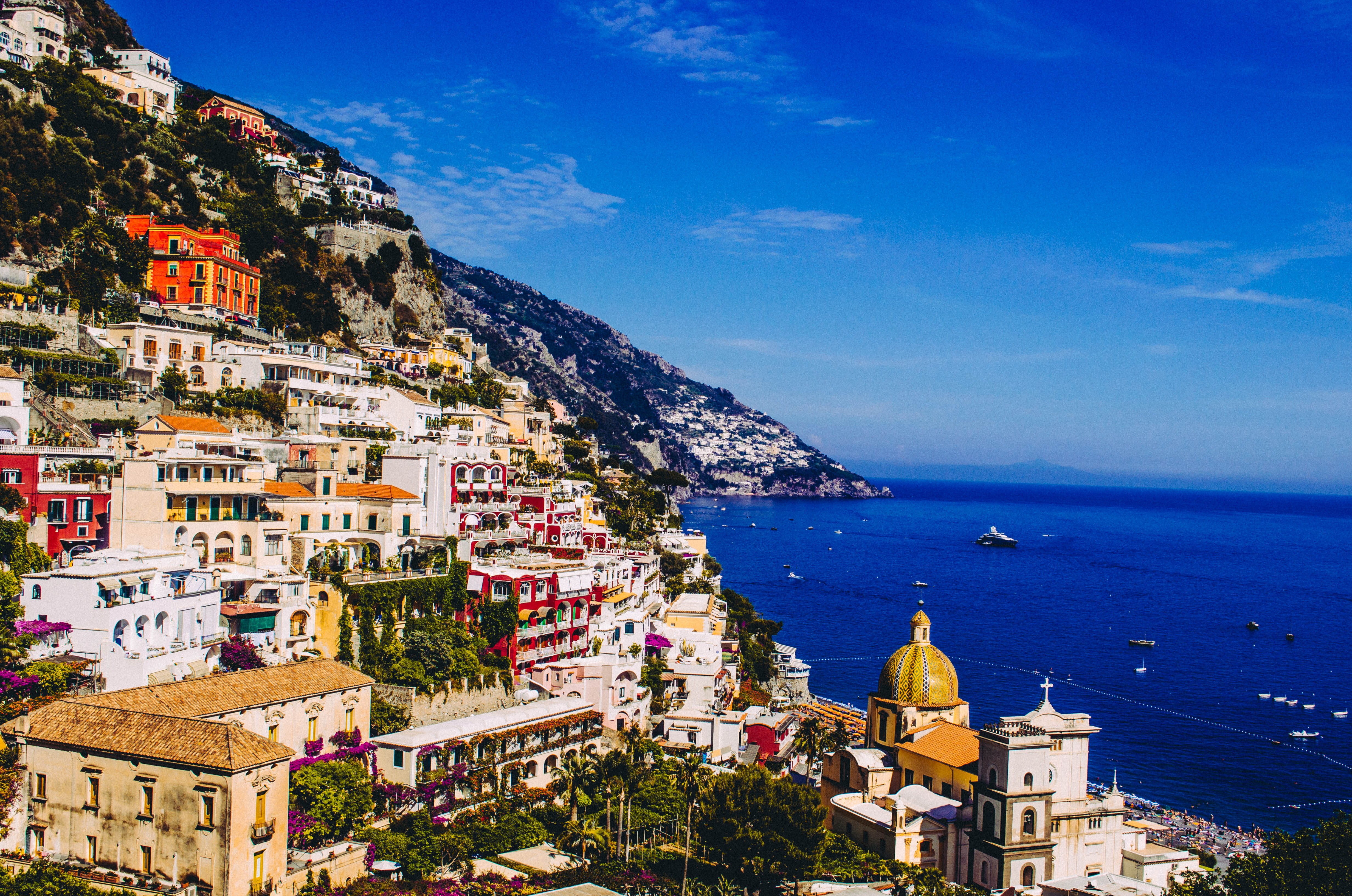 cityscape, tourism, nature, blue, mountain, amalfi coast, place of worship, amalfi, building, city, town, sky, water, outdoors, no people, positano, built structure, HD Wallpaper