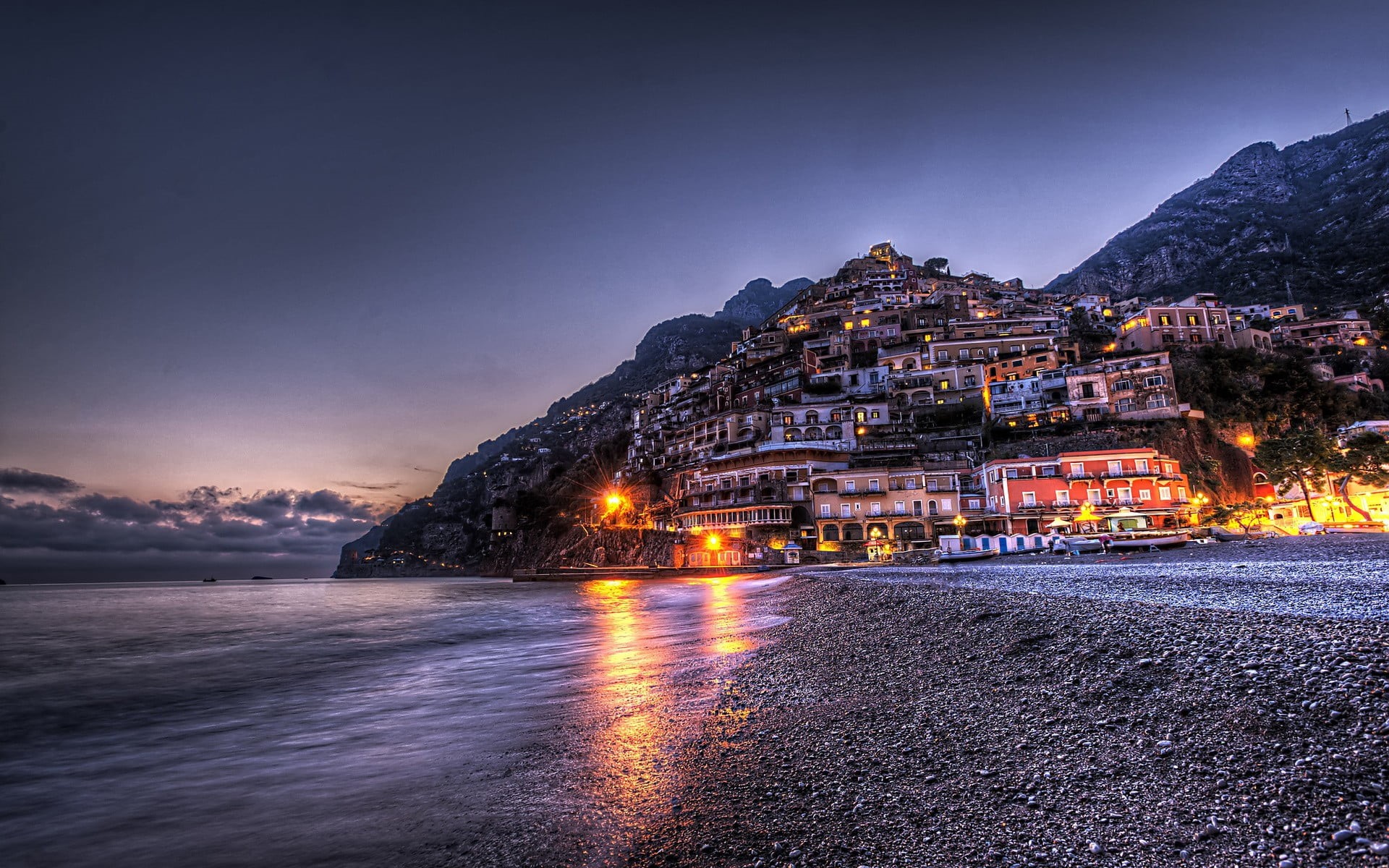 no people, architecture, mountain, 1080P, building, Italy, religion, building exterior, land, night, sky, nature, illuminated, built structure, water, HD Wallpaper