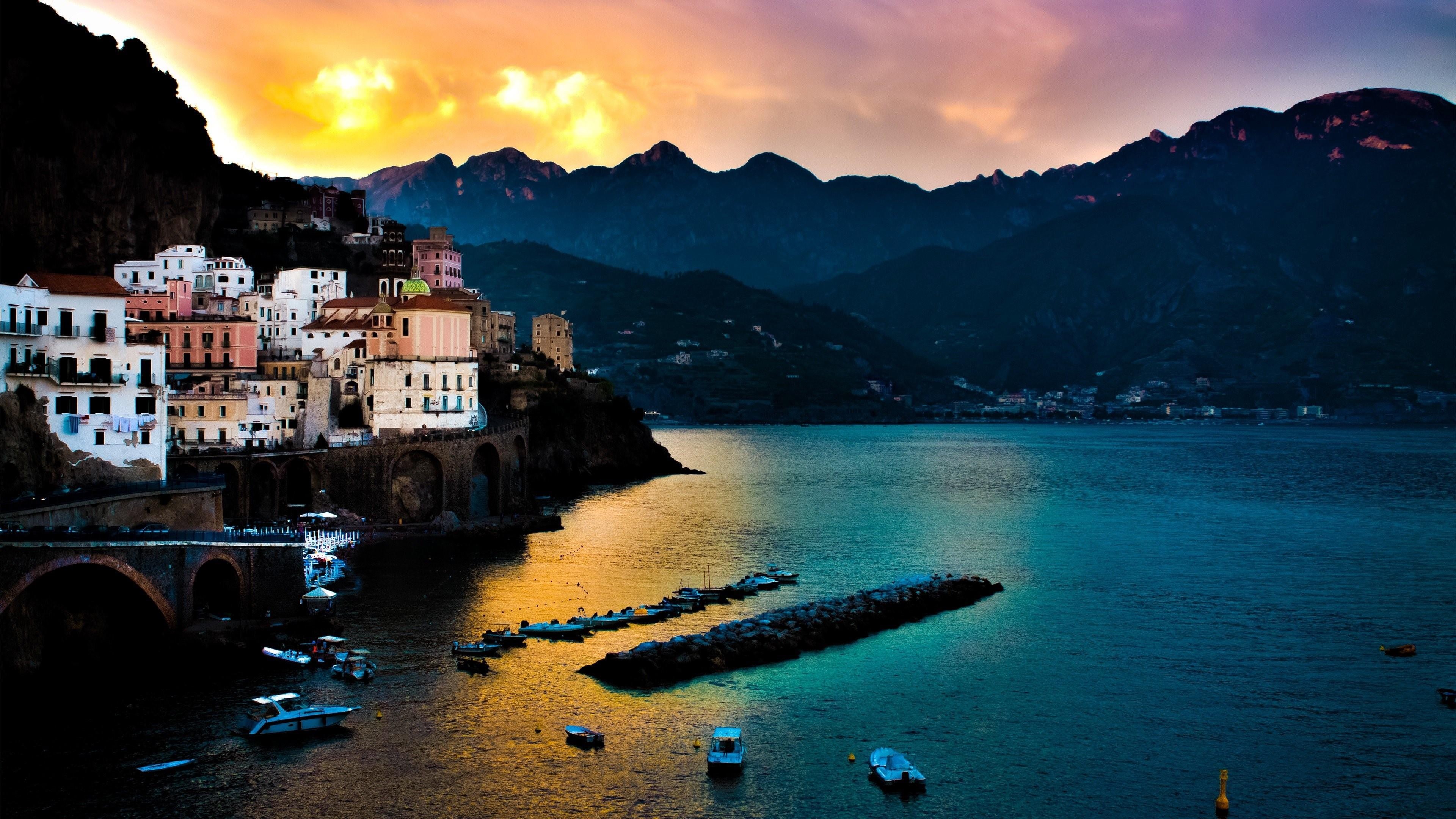 salerno, cloud, sea, sunrise, morning, dawn, body of water, 4K, water, europe, dusk, mountain, italy, amalfi, atmosphere, sky, HD Wallpaper