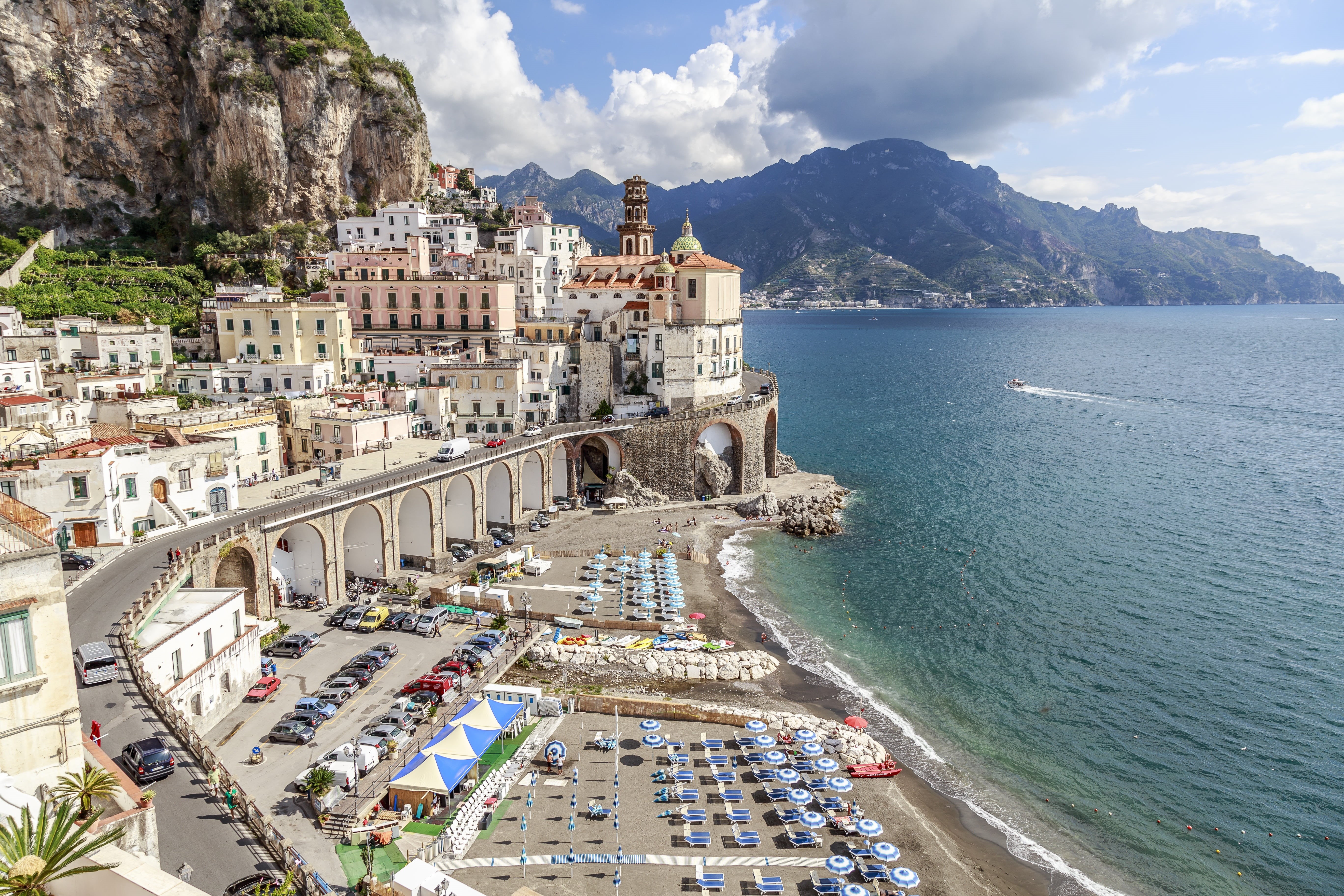 high angle view, built structure, Amalfi Coast, travel, brown, beach, cityscape, panorama, water, Italy, nature, Salerno, sky, architecture, travel destinations, HD Wallpaper