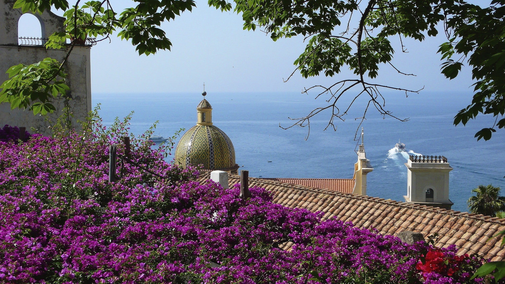 house, Salerno, Italy, ship, the dome, roof, trees, flowers, sea, mountain, Positano, 1080P, HD Wallpaper