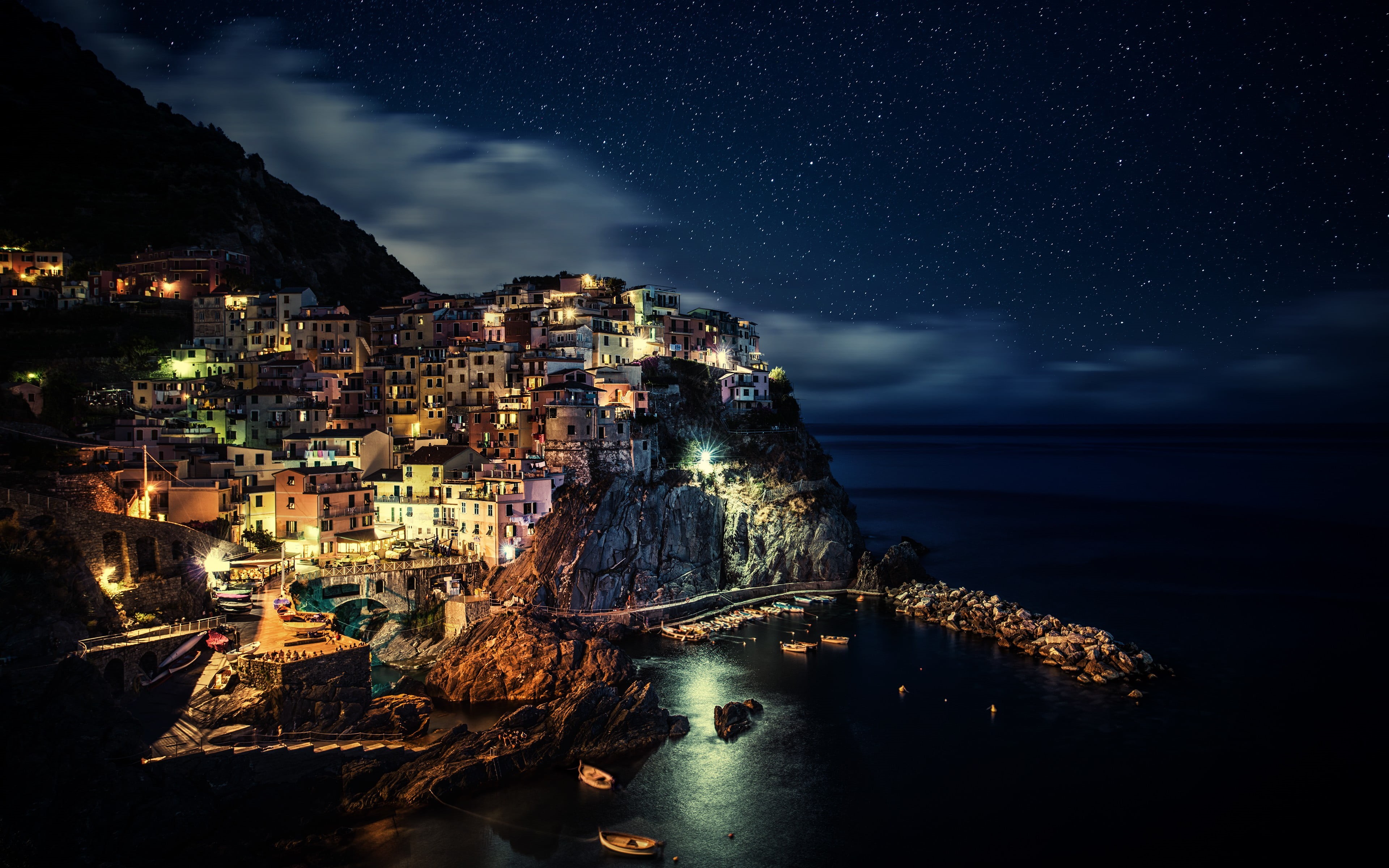 no people, scenics - nature, building exterior, coast, painting, cityscape, land, city, architecture, star - space, mountain, built structure, horizon over water, HD Wallpaper