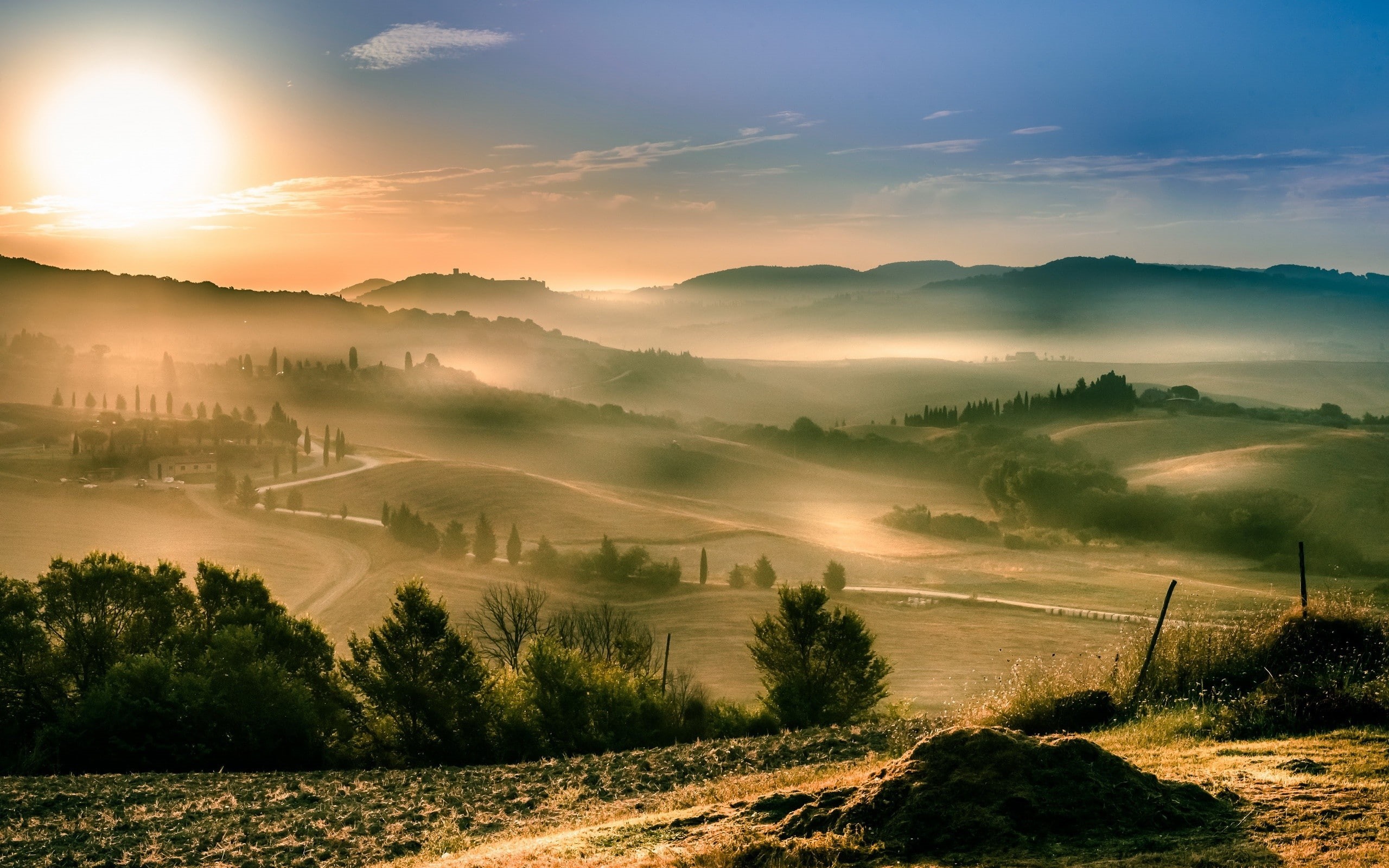 sun, tranquil scene, cloud - sky, no people, beauty in nature, nature, field, mountain, 2K, outdoors, growth, sunrise, sunset, fog, tree, environment, HD Wallpaper