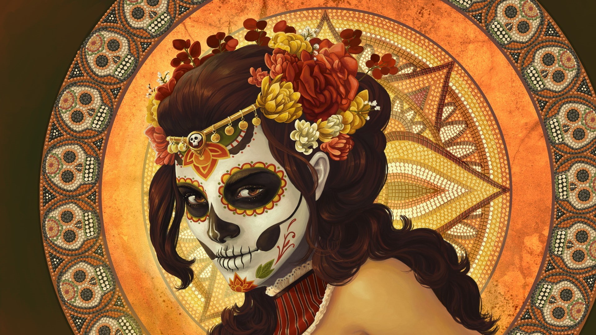 artwork, curly hair, fantasy art, spooky, flowers, fantasy girl, 1080P, Dia de los Muertos, colorful, catrina, Sugar Skull, pattern, digital art, Mexico, HD Wallpaper