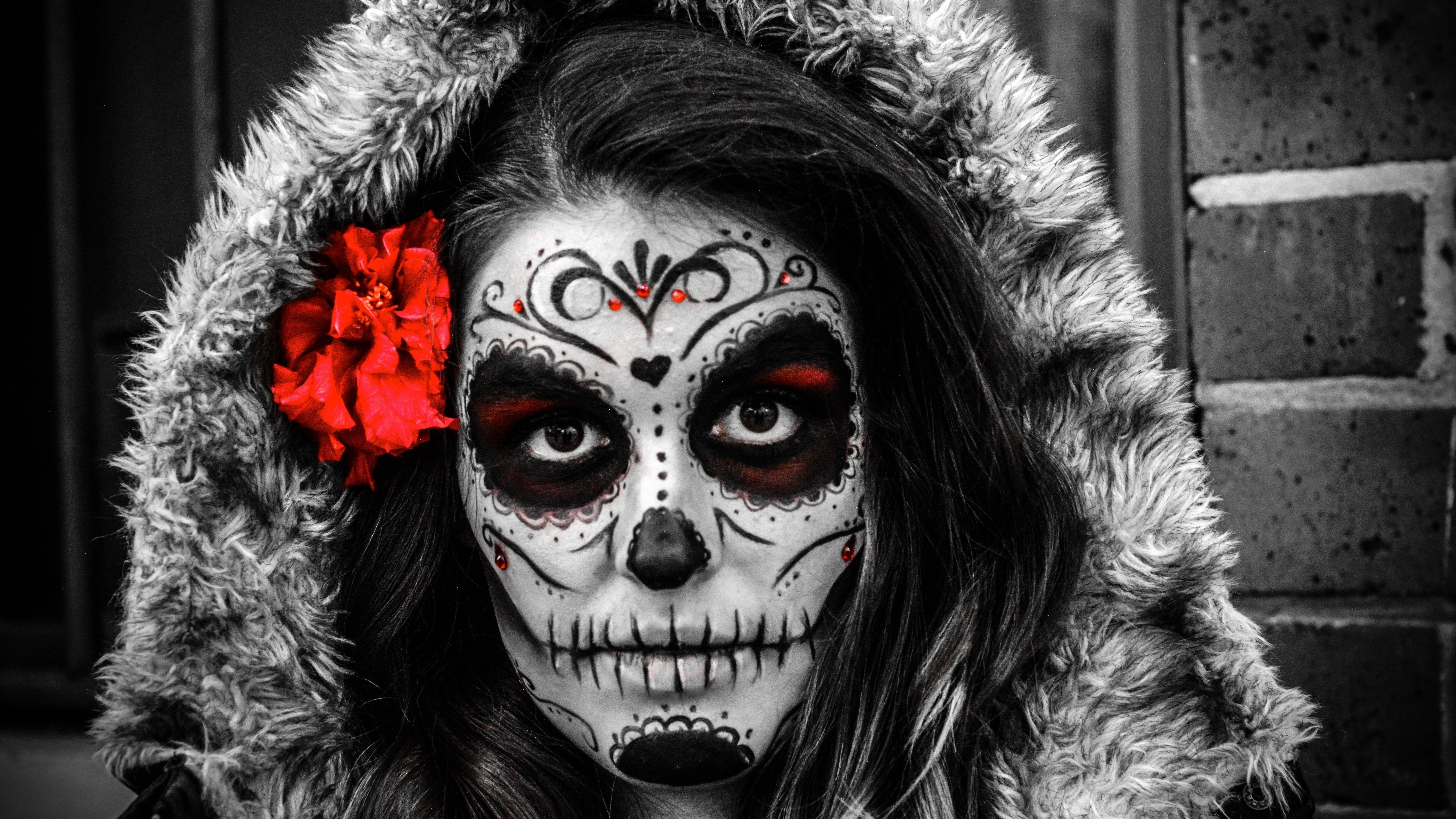 hairstyle, celebration, spooky, one person, costume, focus on foreground, selective coloring, close-up, Sugar Skull, paint, front view, looking at camera, HD Wallpaper