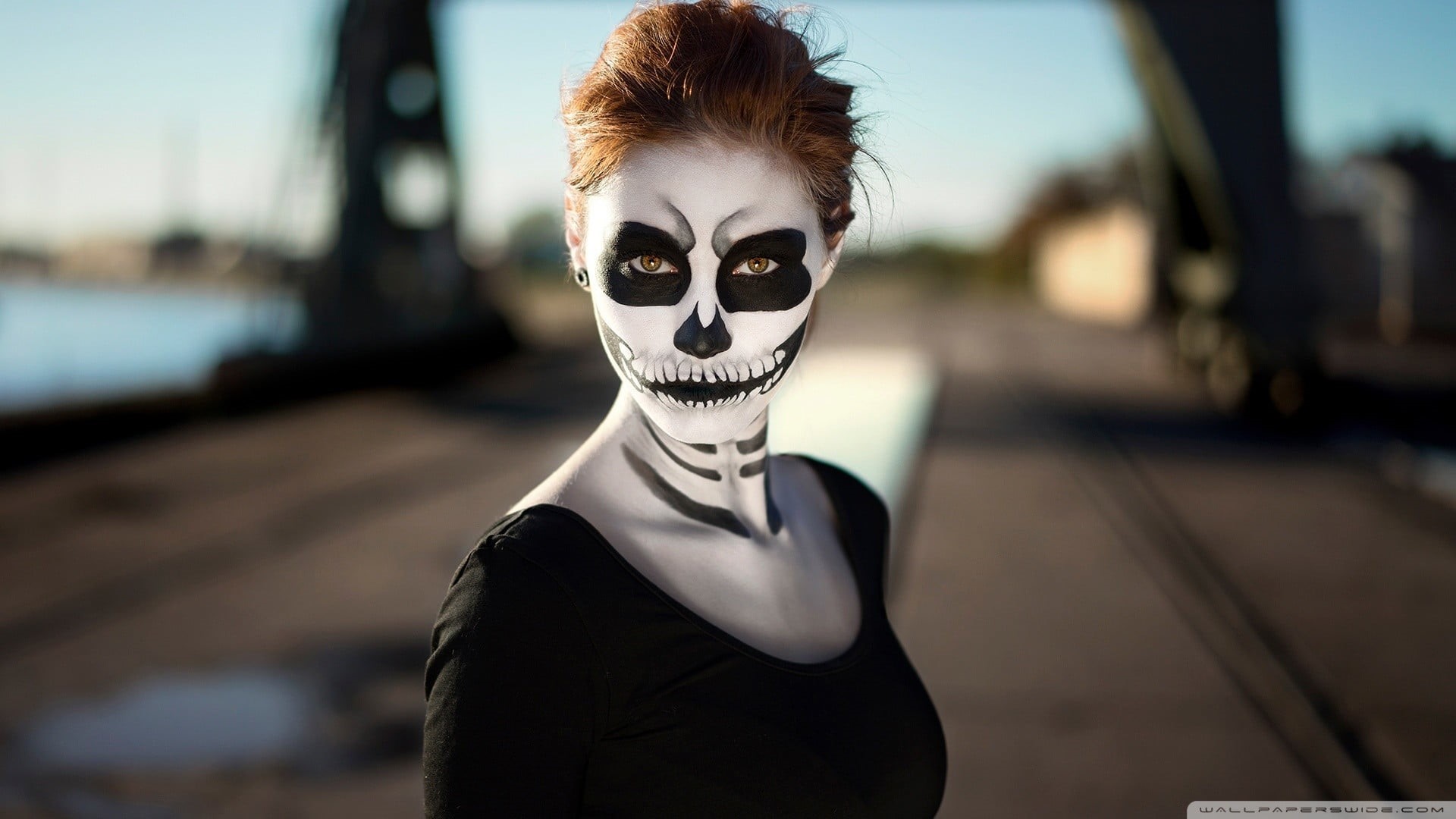 brunette, skeleton, waist up, Dia de los Muertos, redhead, adult, hairstyle, headshot, Sugar Skull, front view, black color, city, one person, makeup, 1080P, HD Wallpaper